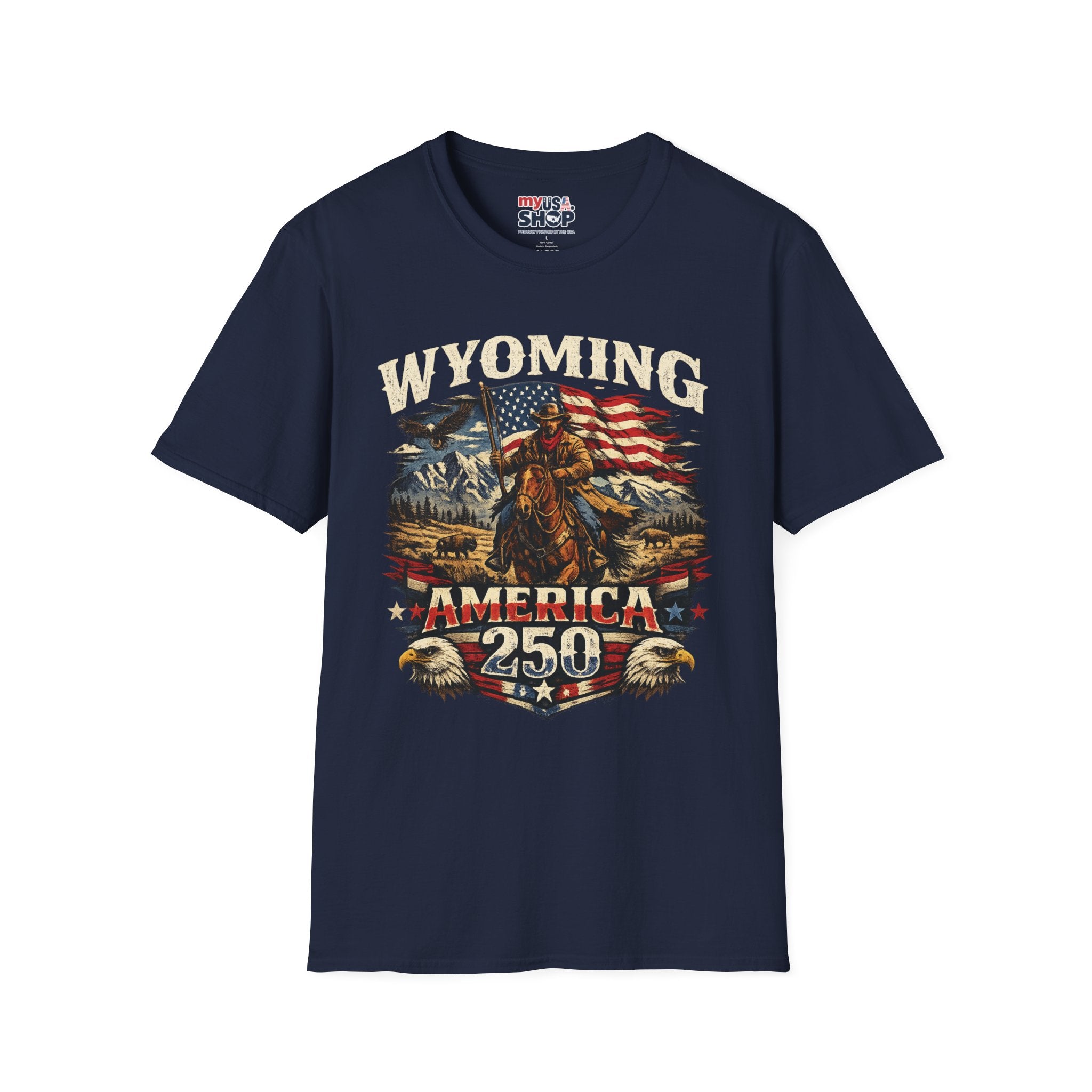 Wyoming Patriot Graphic T-Shirt — America 250 Flag & Cowboy Vintage Design