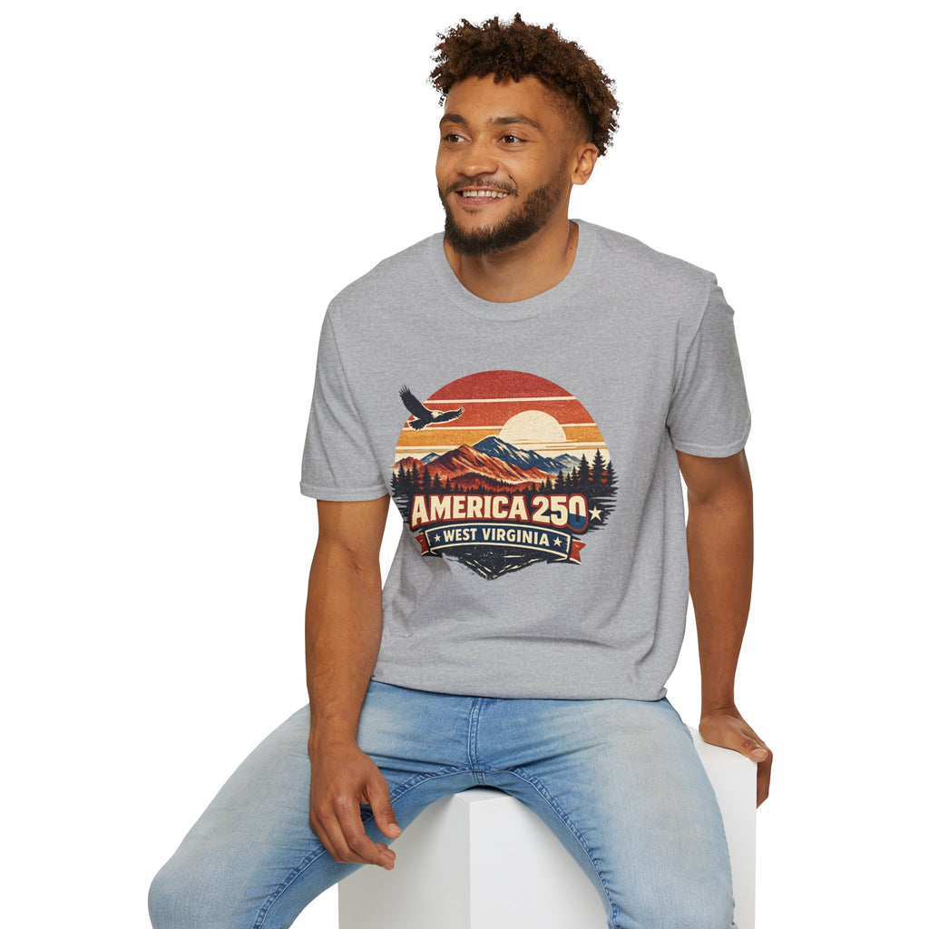 America 250 Retro Sunrise T-Shirt — West Virginia Scenic Eagle Design