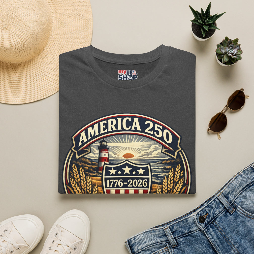 America 250 Commemorative T-Shirt – Wisconsin History Lighthouse Vintage Badge