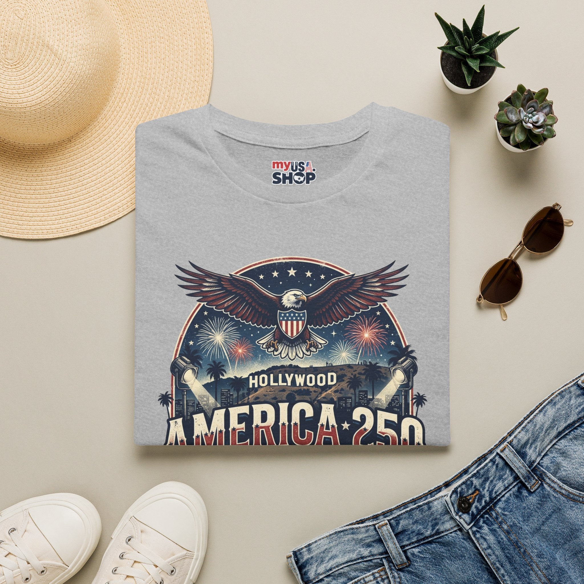 America 250 Graphic T-Shirt — Hollywood Stars & Stripes Eagle Design