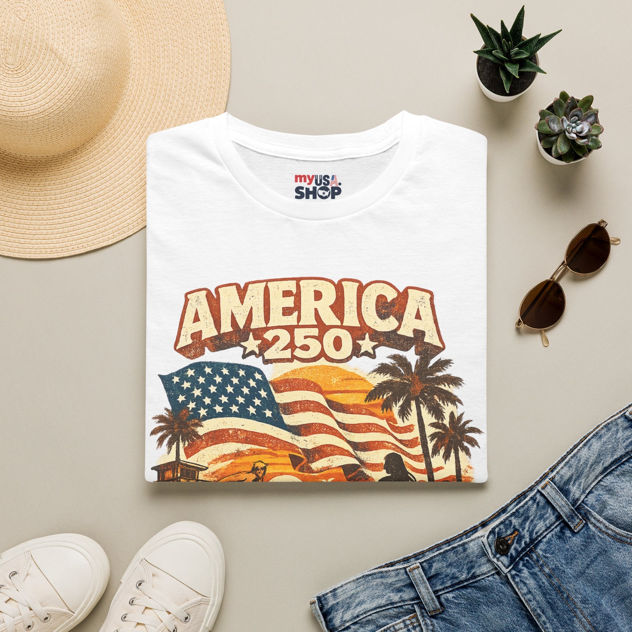 America 250 Los Angeles Surfers Beach Flag Palm Trees Sunset Retro California Tee