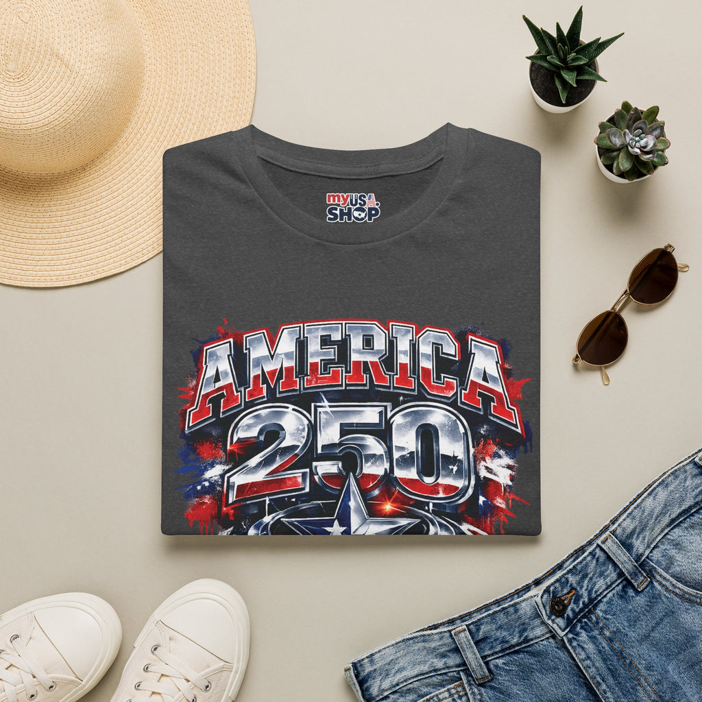 America 250 Texas Shirt — Patriotic Chrome Star Graphic Tee