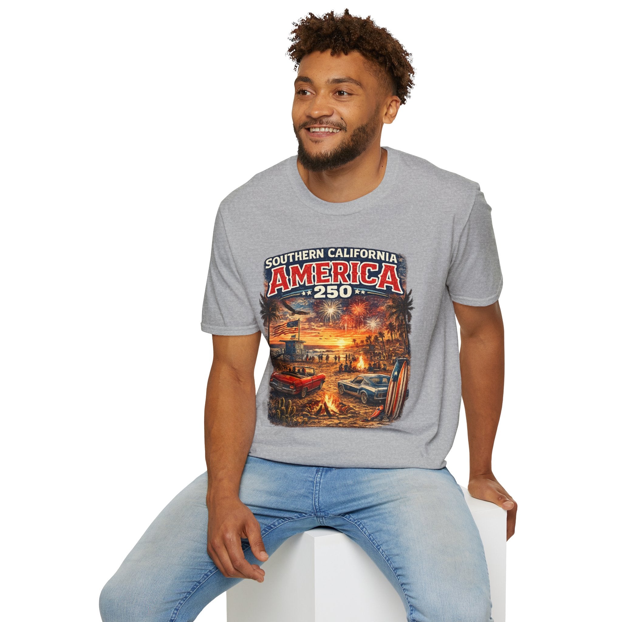 America 250 Southern California Sunset T-Shirt — Patriotic 4th of July Beach Vintage Tee