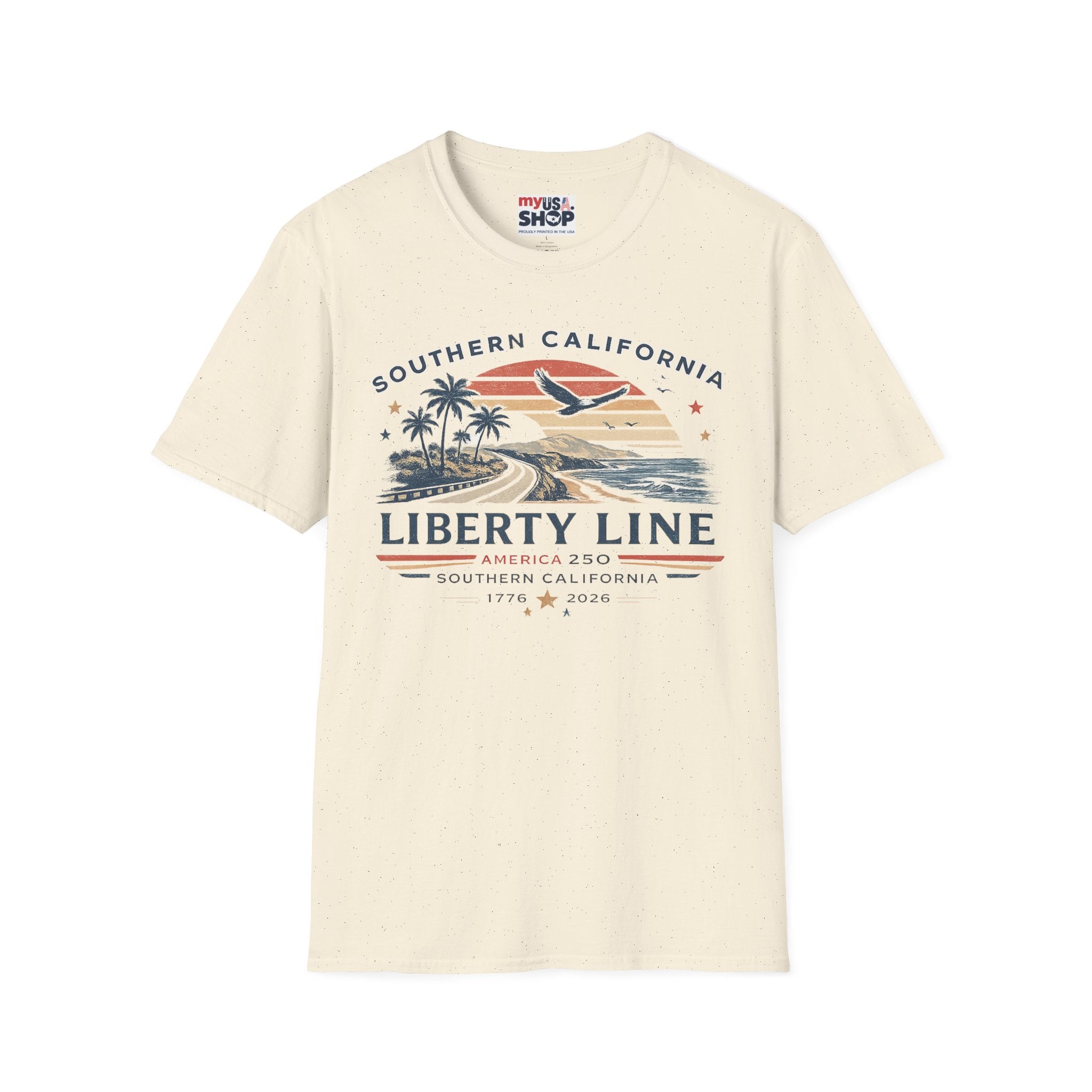 America 250 Southern California Liberty Line T-Shirt — Retro Beach Sunset Graphic