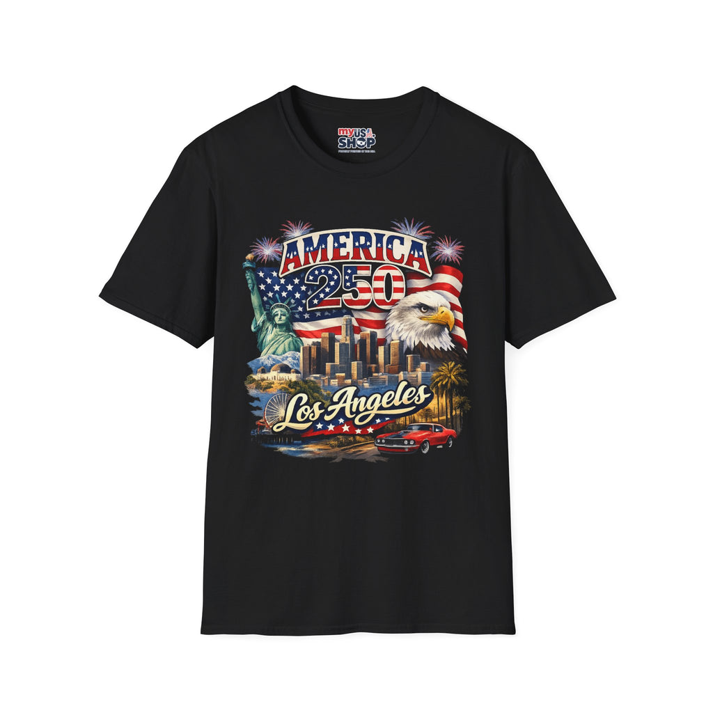 America 250 Los Angeles Statue of Liberty Eagle Skyline Muscle Car Fireworks California Tee