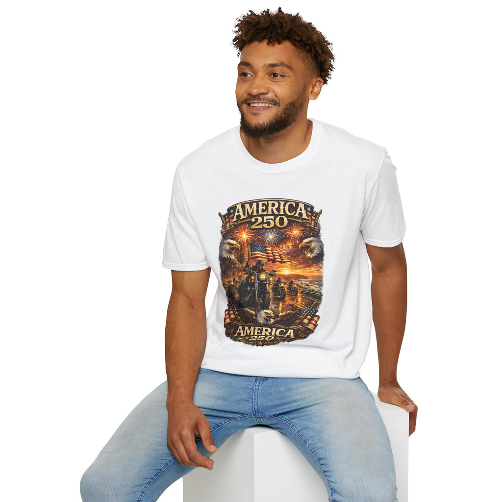 America 250 Celebration T-Shirt — Patriotic Fireworks & Bald Eagle Tee