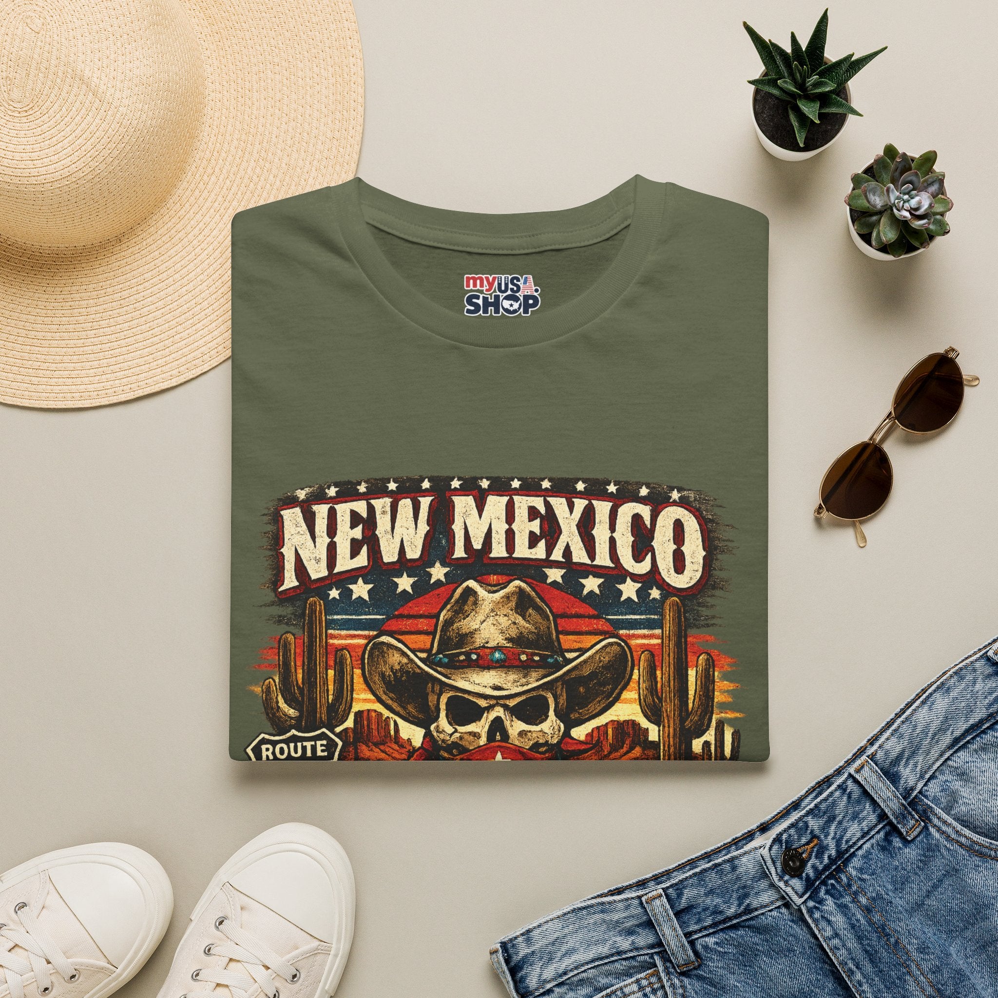 America 250 x New Mexico Skull Cowboy — Vintage Route 66 Desert