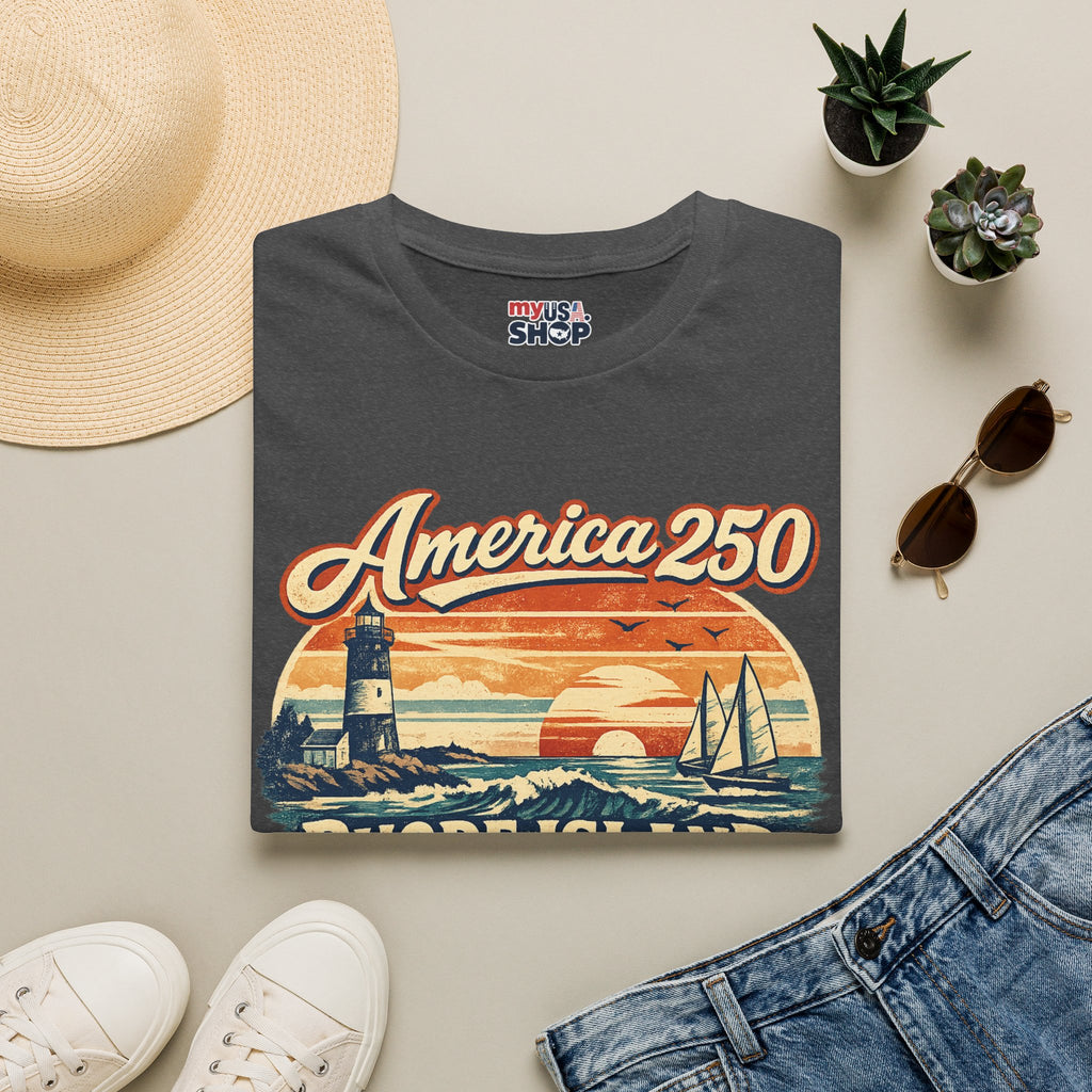 America 250 Rhode Island Heritage Shirt — Coastal Lighthouse Sunset Tee