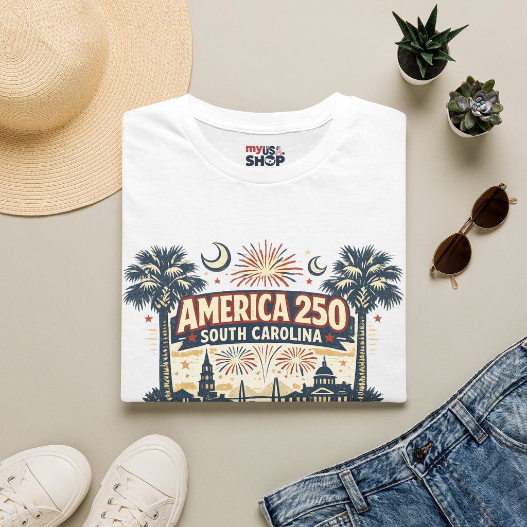 America 250 South Carolina T‑Shirt — Patriotic 250th Anniversary Tee with Palms & Fireworks