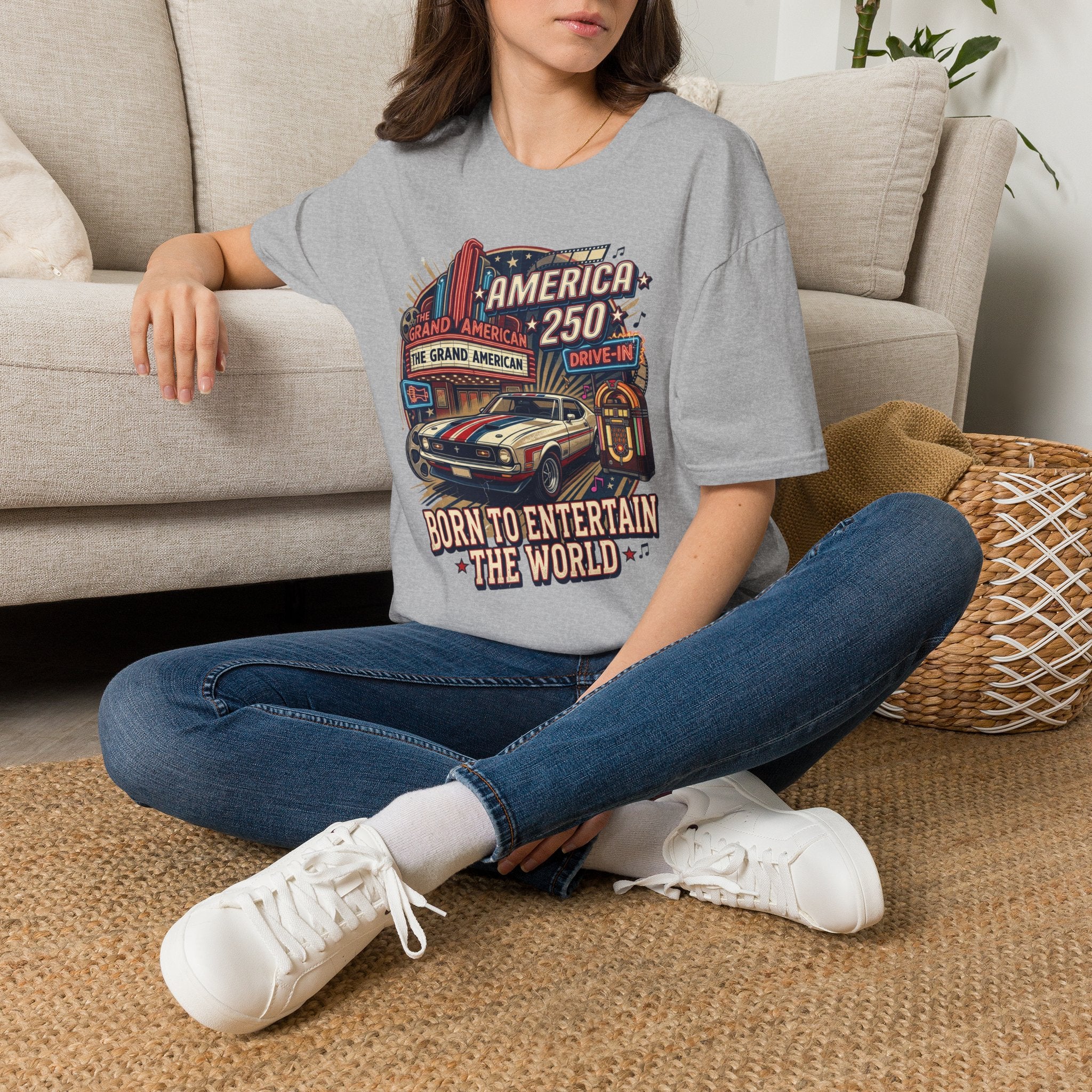 America 250 Vintage Drive-In Car T-Shirt — "Born to Entertain the World" Pop Culture
