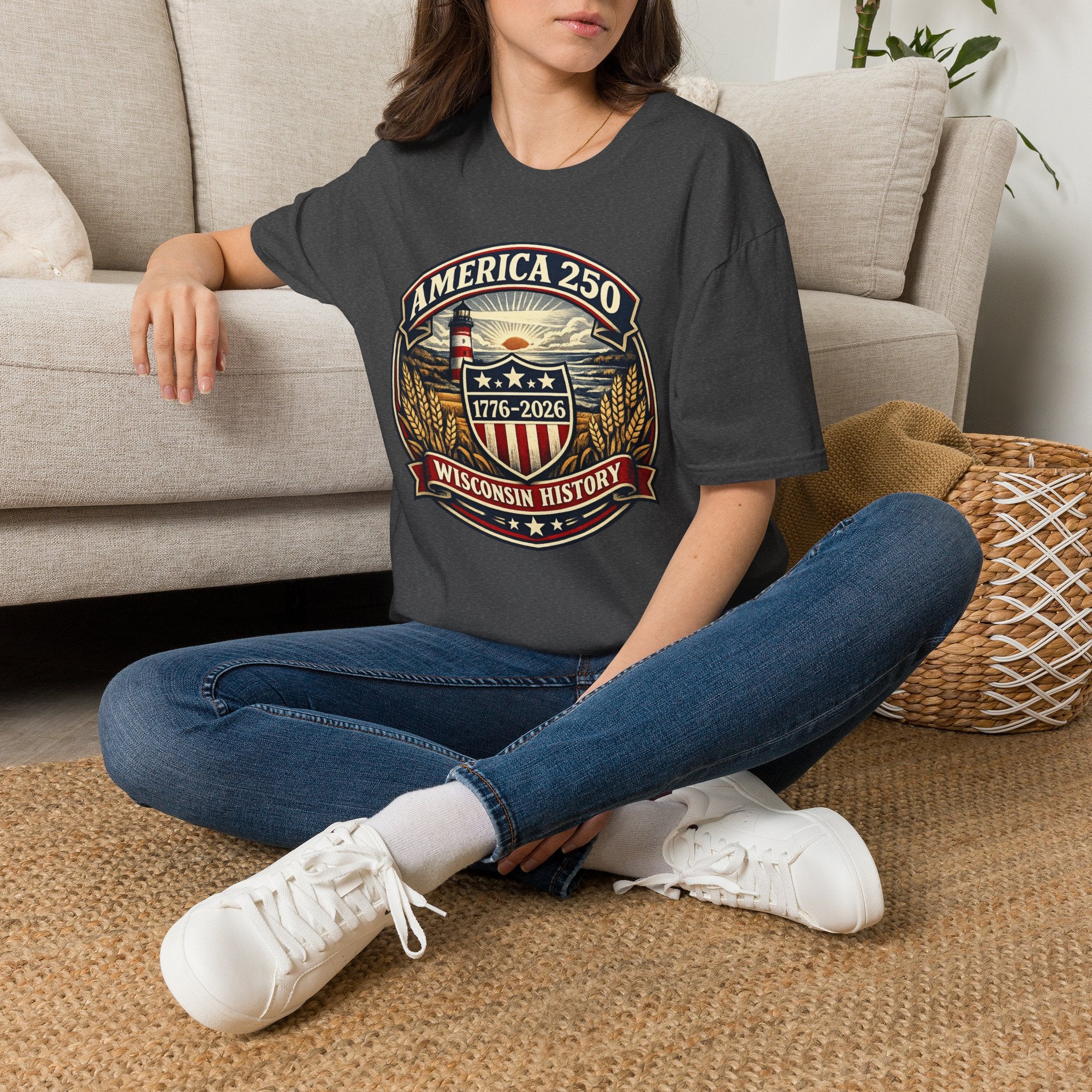 America 250 Commemorative T-Shirt – Wisconsin History Lighthouse Vintage Badge