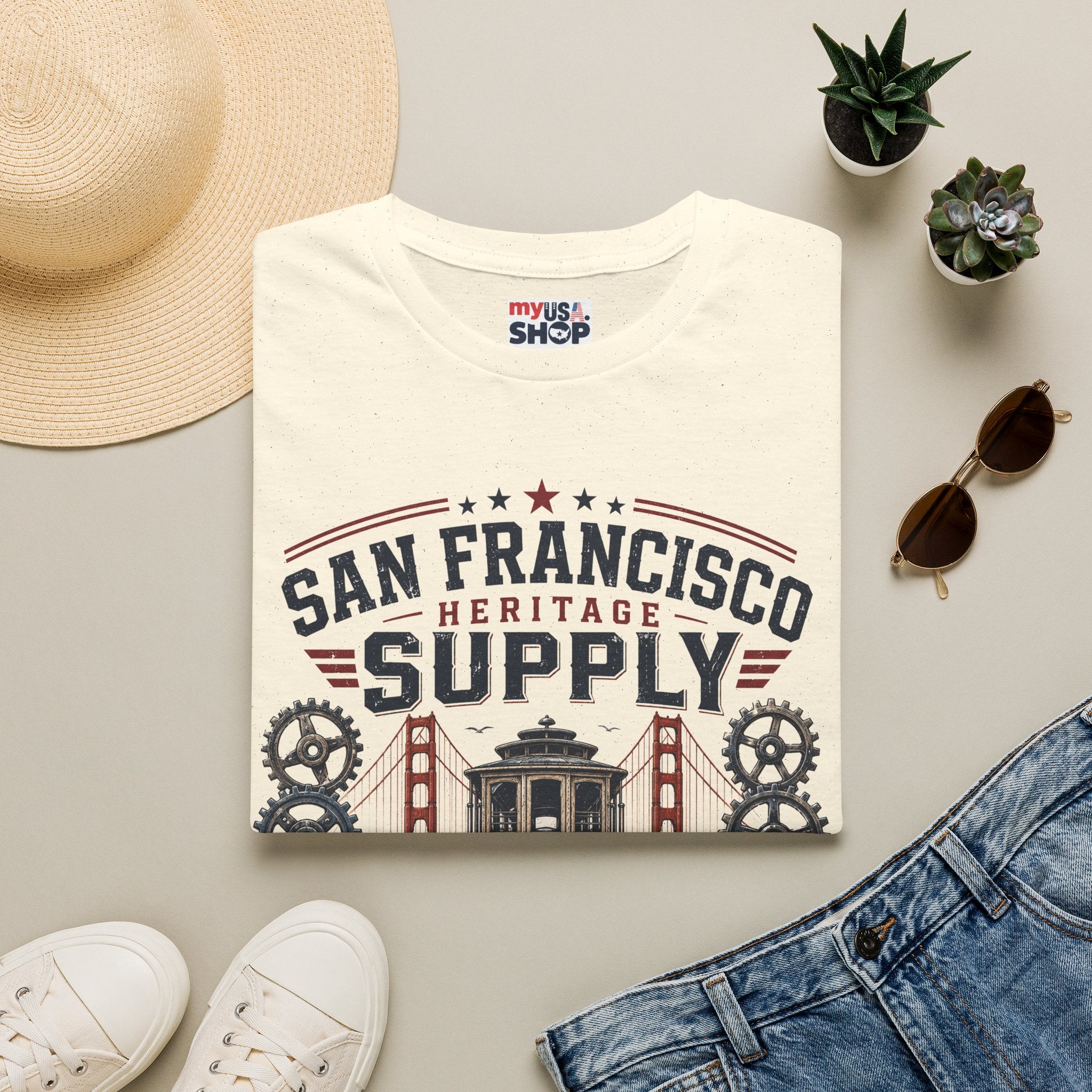 San Francisco Heritage Supply T-Shirt — Vintage Cable Car & Golden Gate Graphic