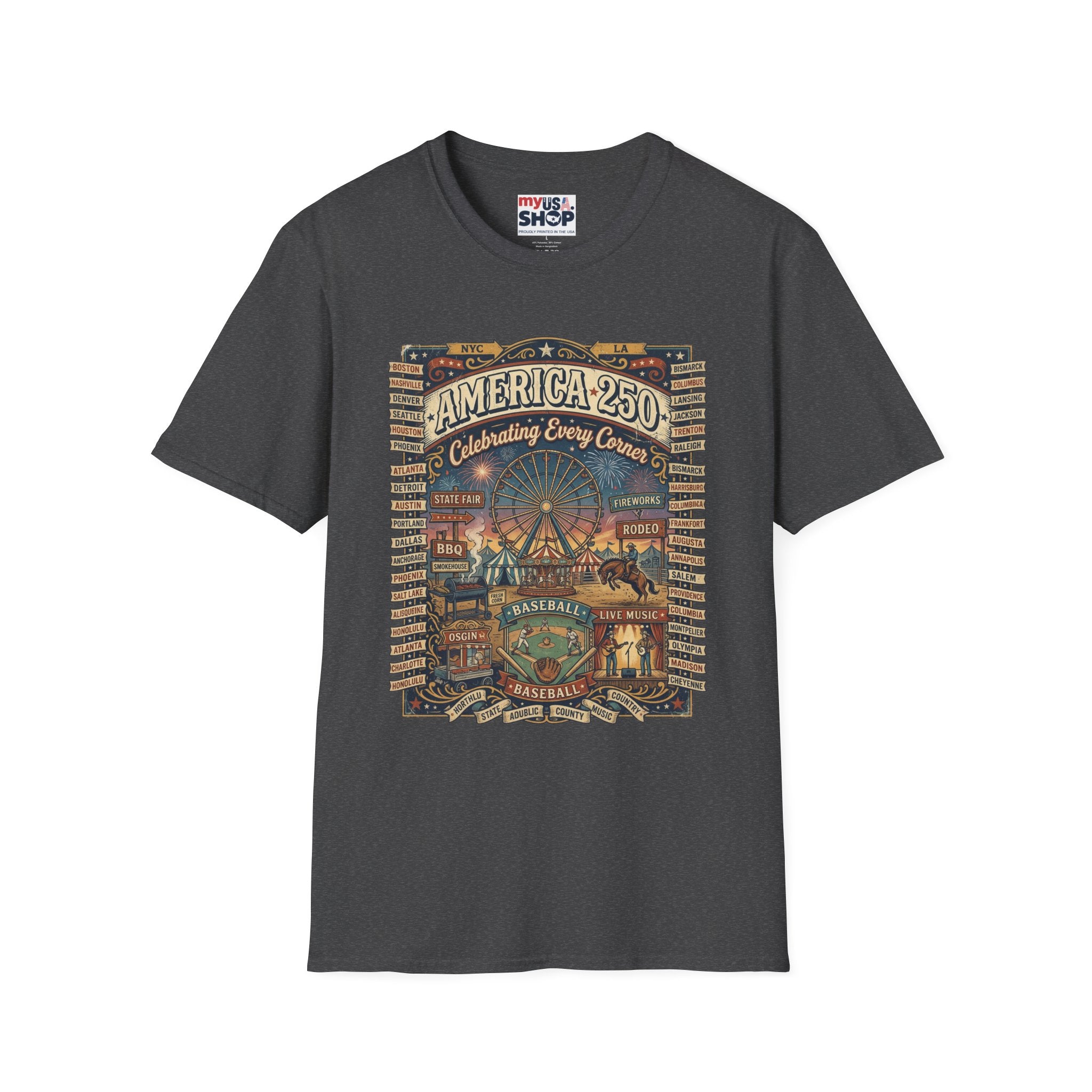 America 250 Celebration T-Shirt — Vintage Fair Ferris Wheel Patriotic Tee Pop Culture