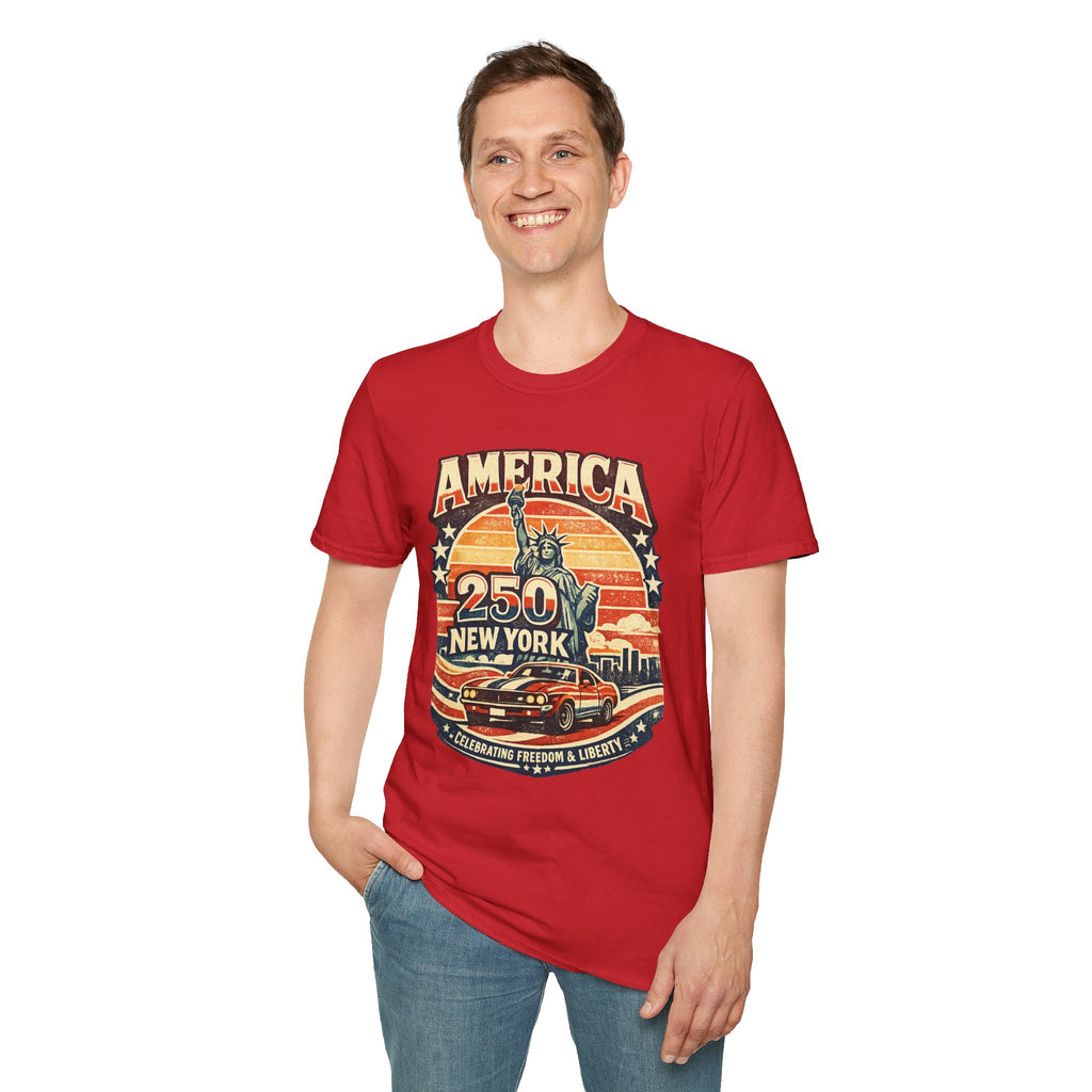 America 250 New York T-Shirt — Retro Statue of Liberty Graphic
