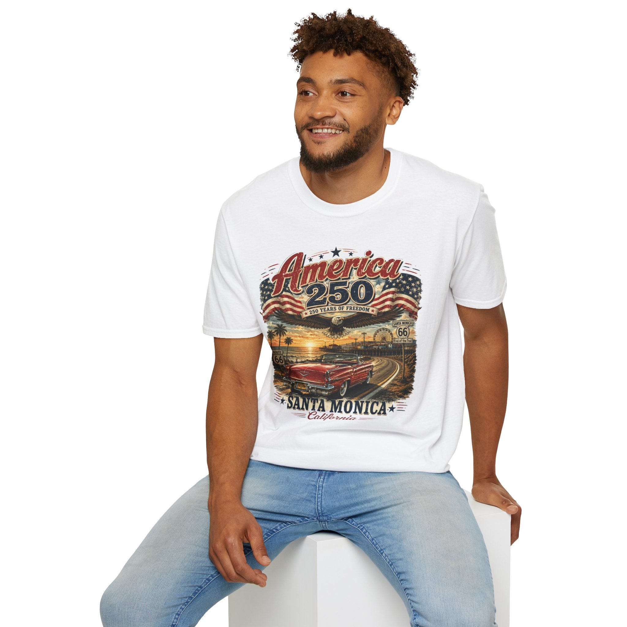 America 250 Santa Monica T-Shirt — USA 250 Years of Freedom Vintage Graphic Tee