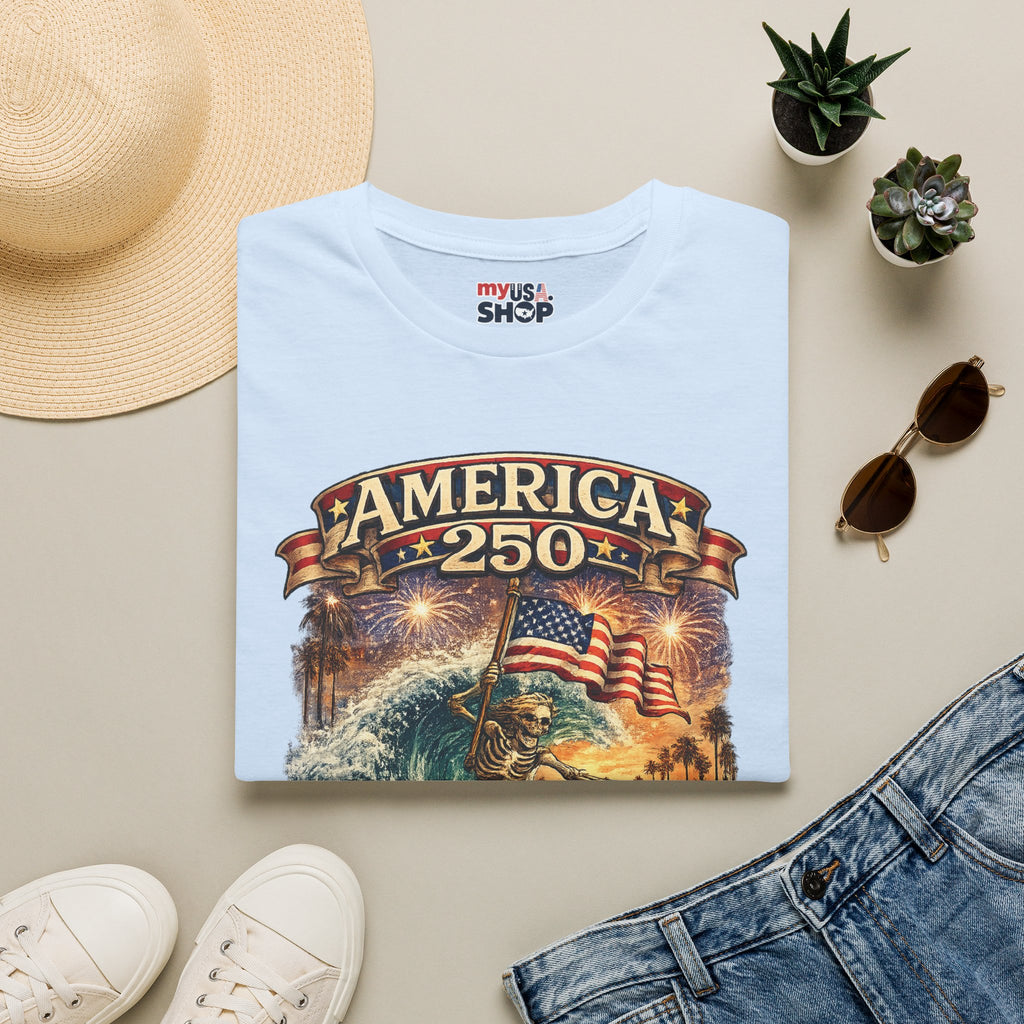 America 250 Venice Beach T-Shirt — Patriotic Vintage Surf & Fireworks Tee