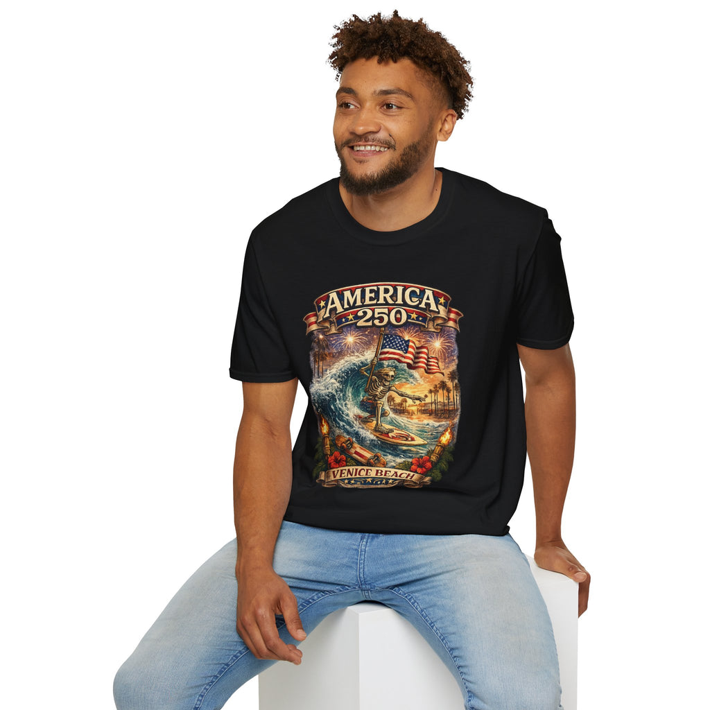 America 250 Venice Beach T-Shirt — Patriotic Vintage Surf & Fireworks Tee