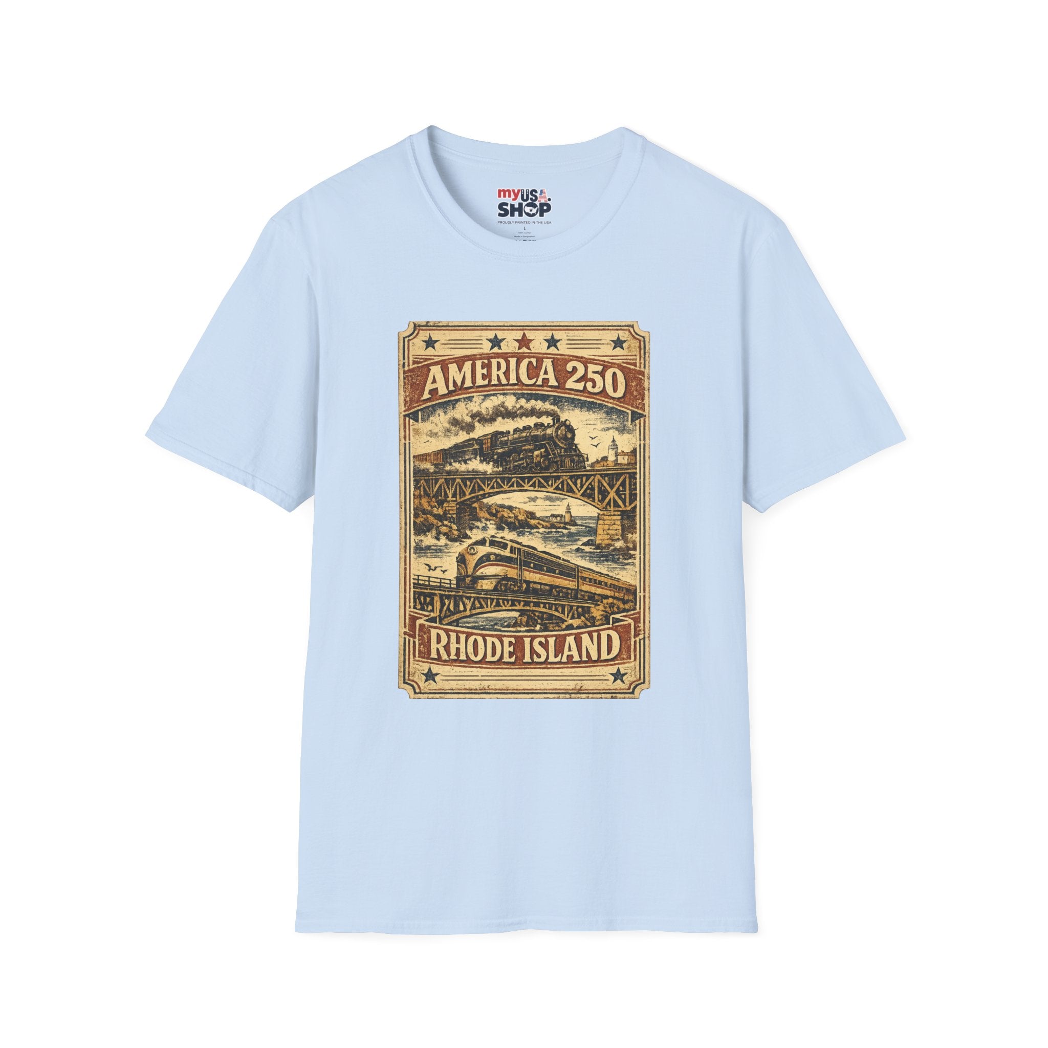 America 250 Rhode Island Train Heritage T-Shirt — Vintage Railroad Graphic Tee
