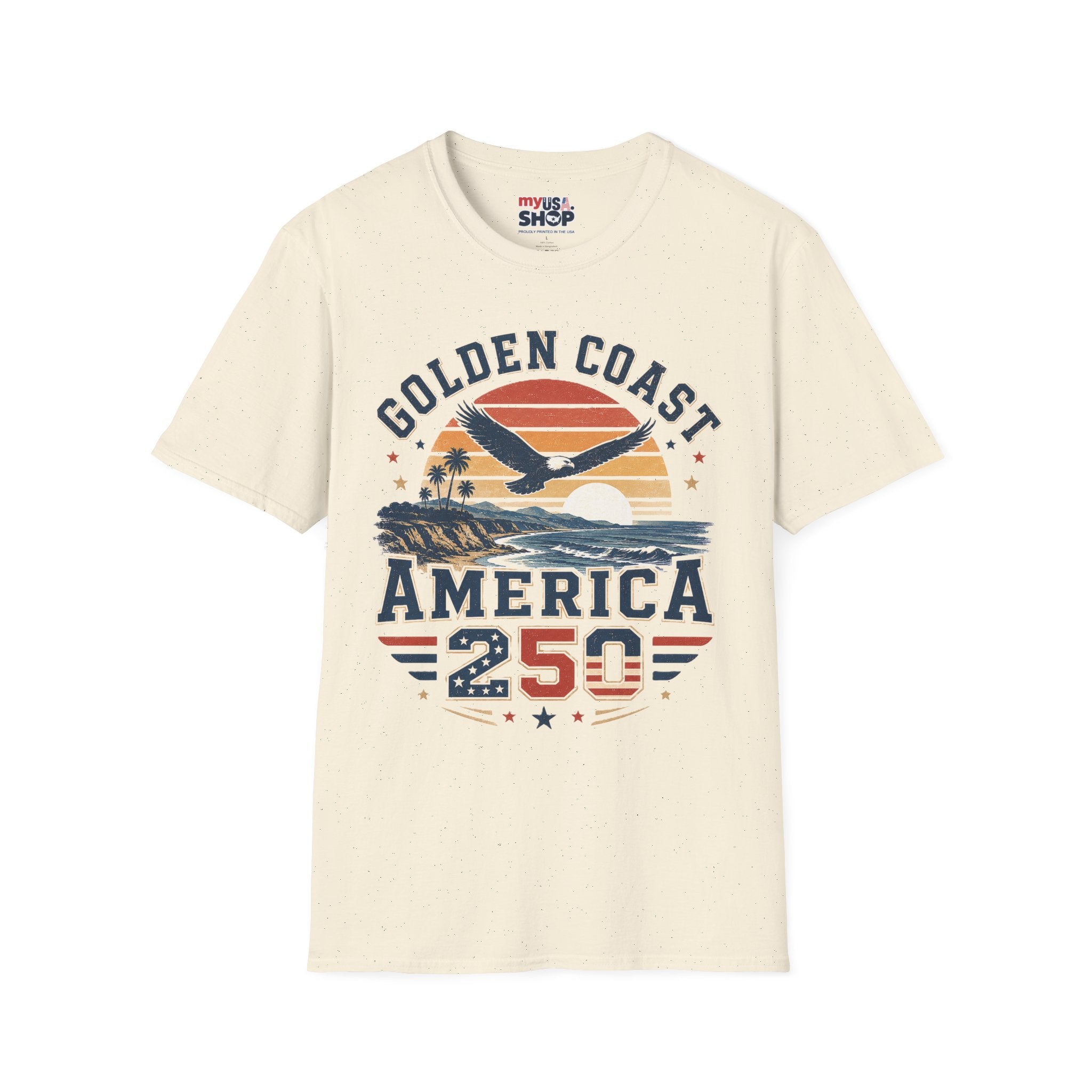 Golden Coast T-Shirt — Retro Sunset Eagle America 250 Beach Tee