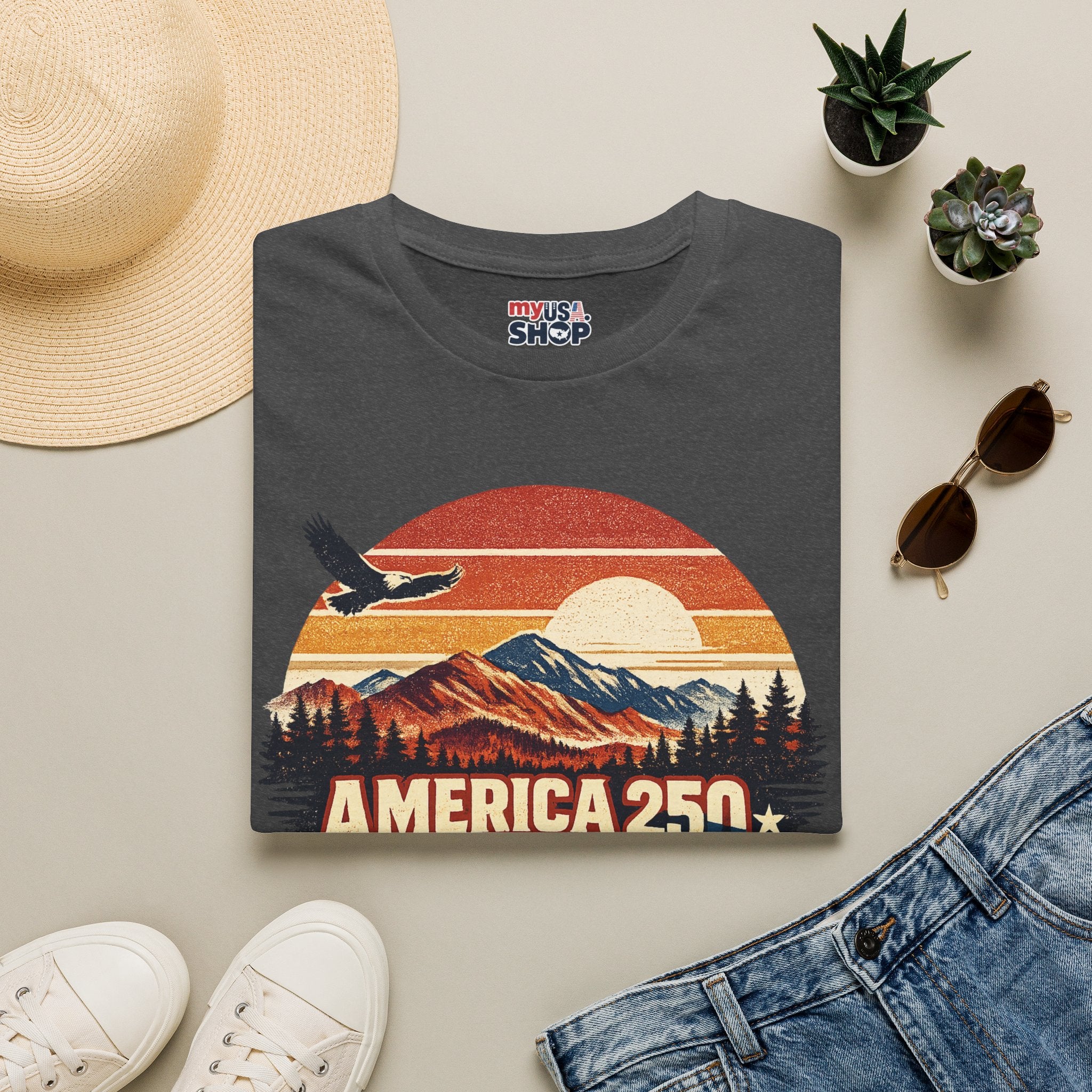 America 250 Retro Sunrise T-Shirt — West Virginia Scenic Eagle Design