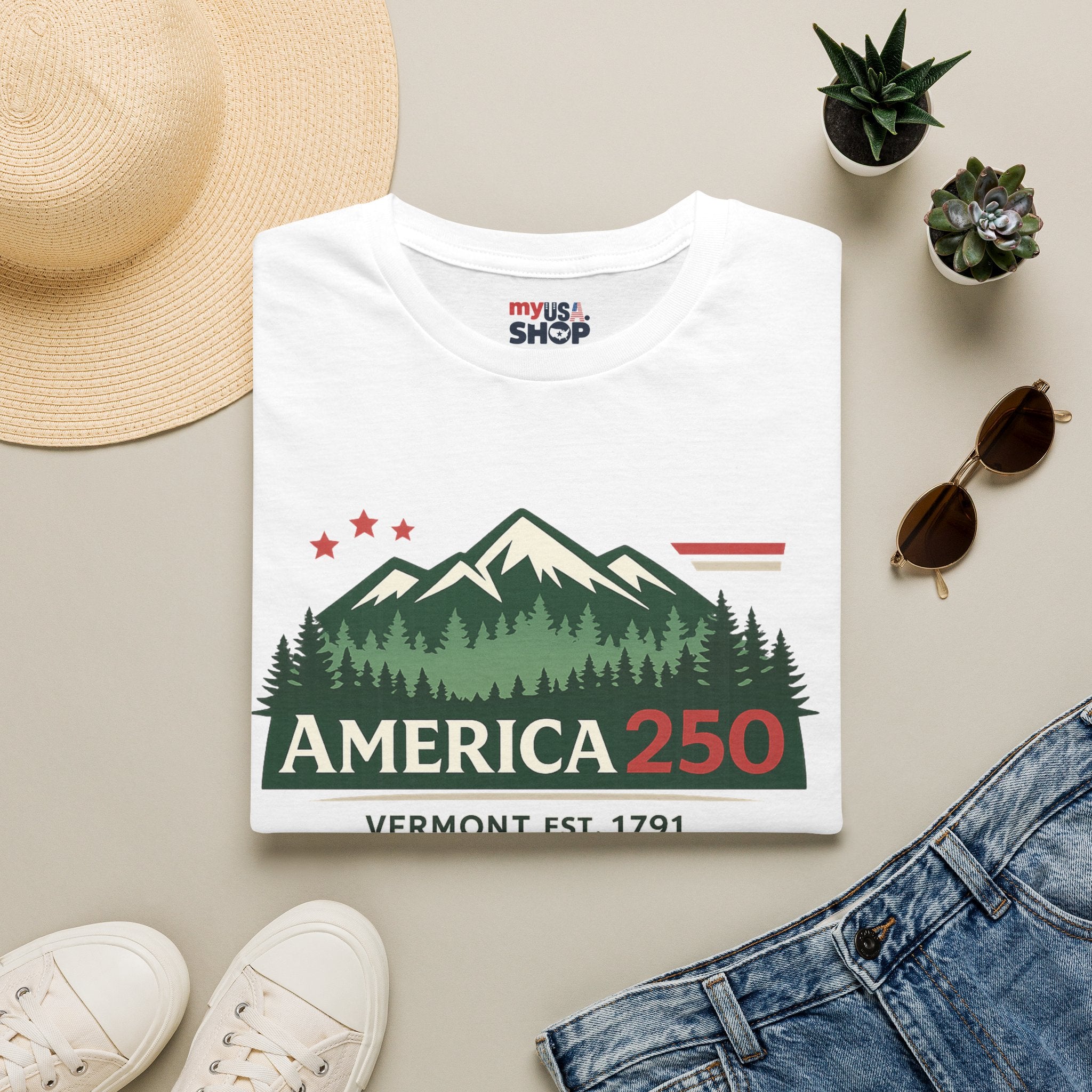 America 250 – Vermont Est. 1791 Mountain Star Vintage Tee Design