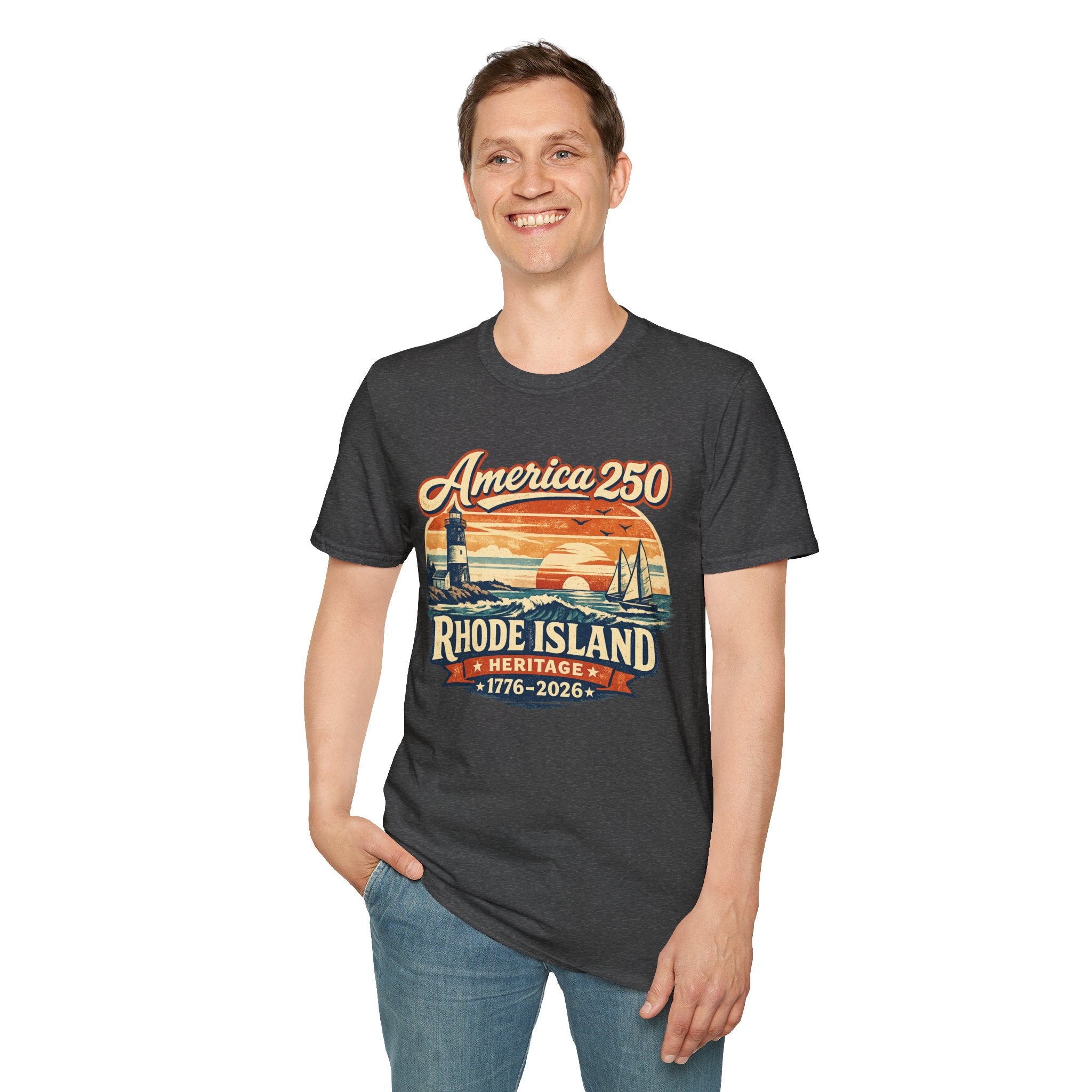 America 250 Rhode Island Heritage Shirt — Coastal Lighthouse Sunset Tee