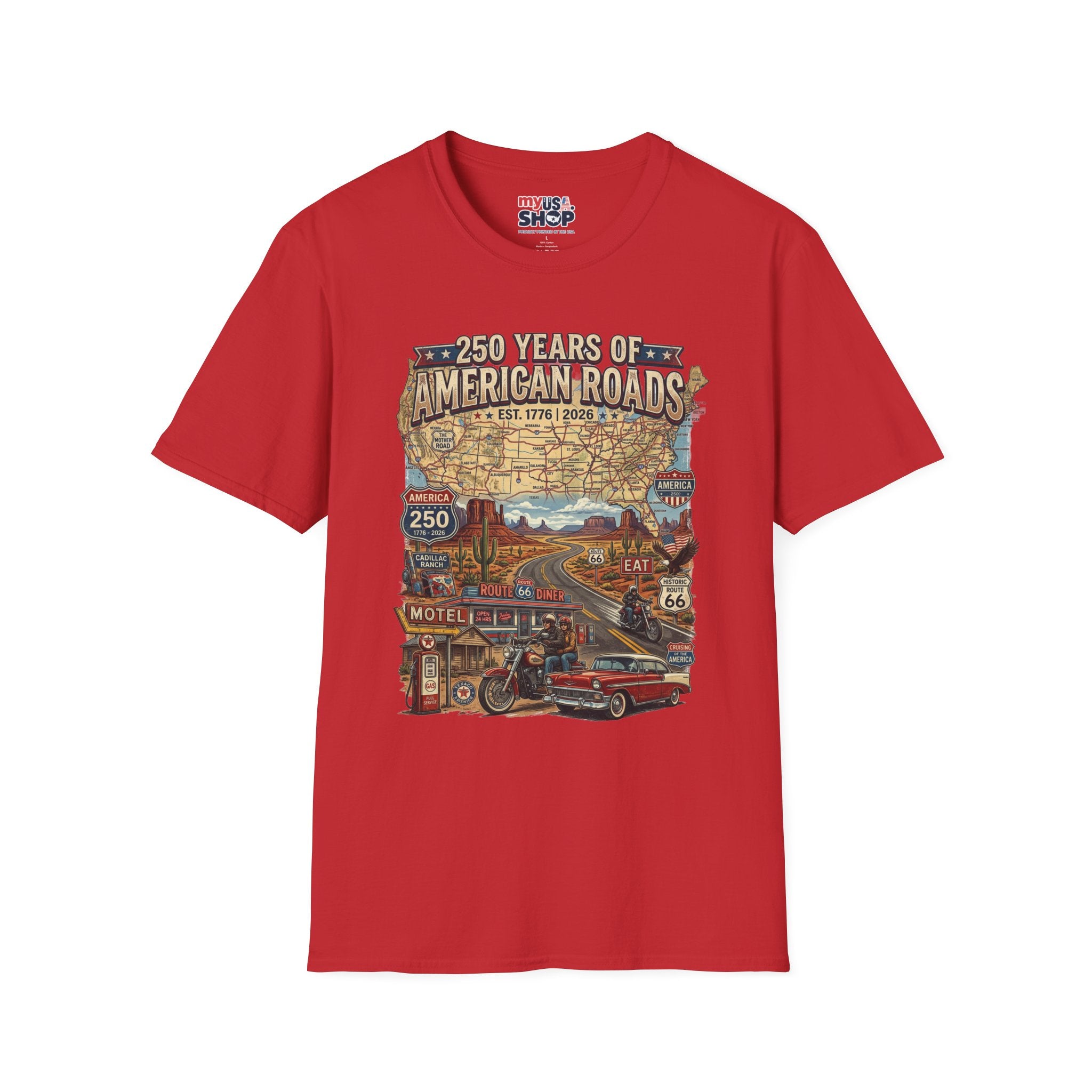 250 Years of American Roads T‑Shirt — Vintage USA Roadmap & Route 66 Travel Tee America 250 Pop Culture