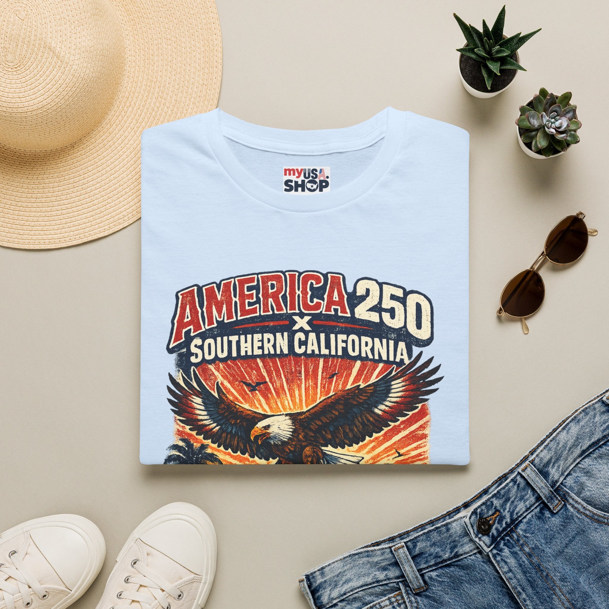 America 250 Southern California Graphic T-Shirt — Eagle, Sunset & Beach Vintage Design