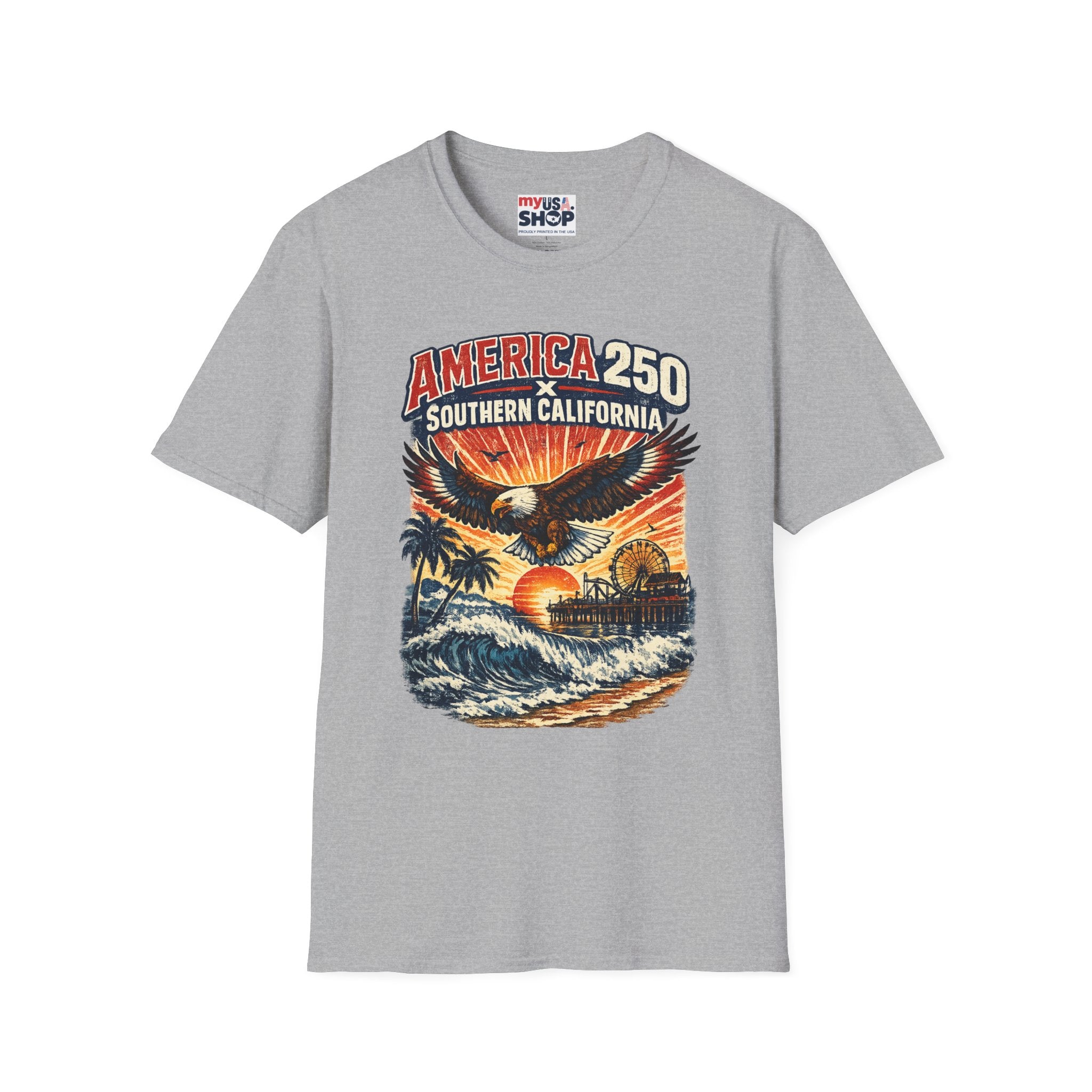 America 250 Southern California Graphic T-Shirt — Eagle, Sunset & Beach Vintage Design