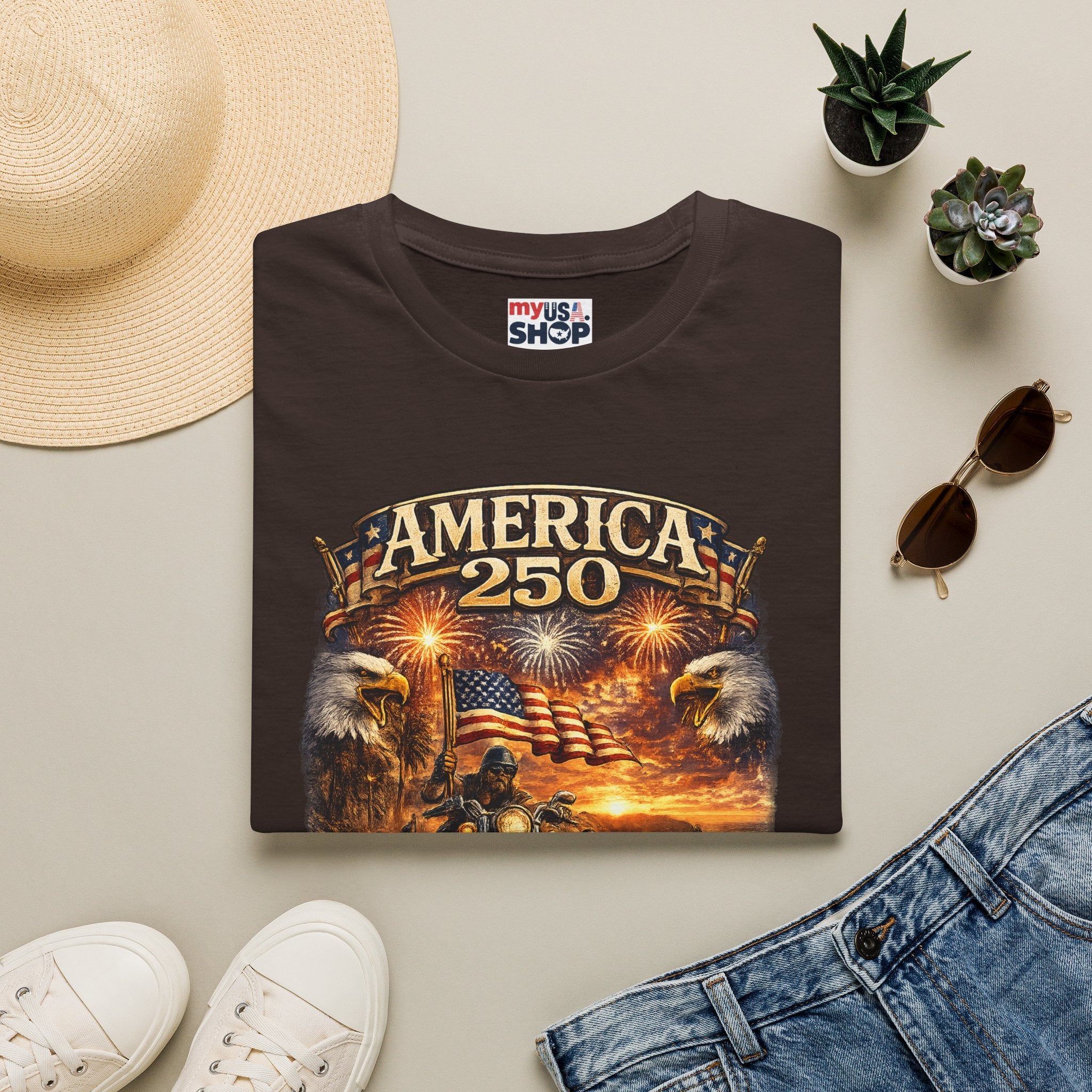 America 250 Celebration T-Shirt — Patriotic Fireworks & Bald Eagle Tee