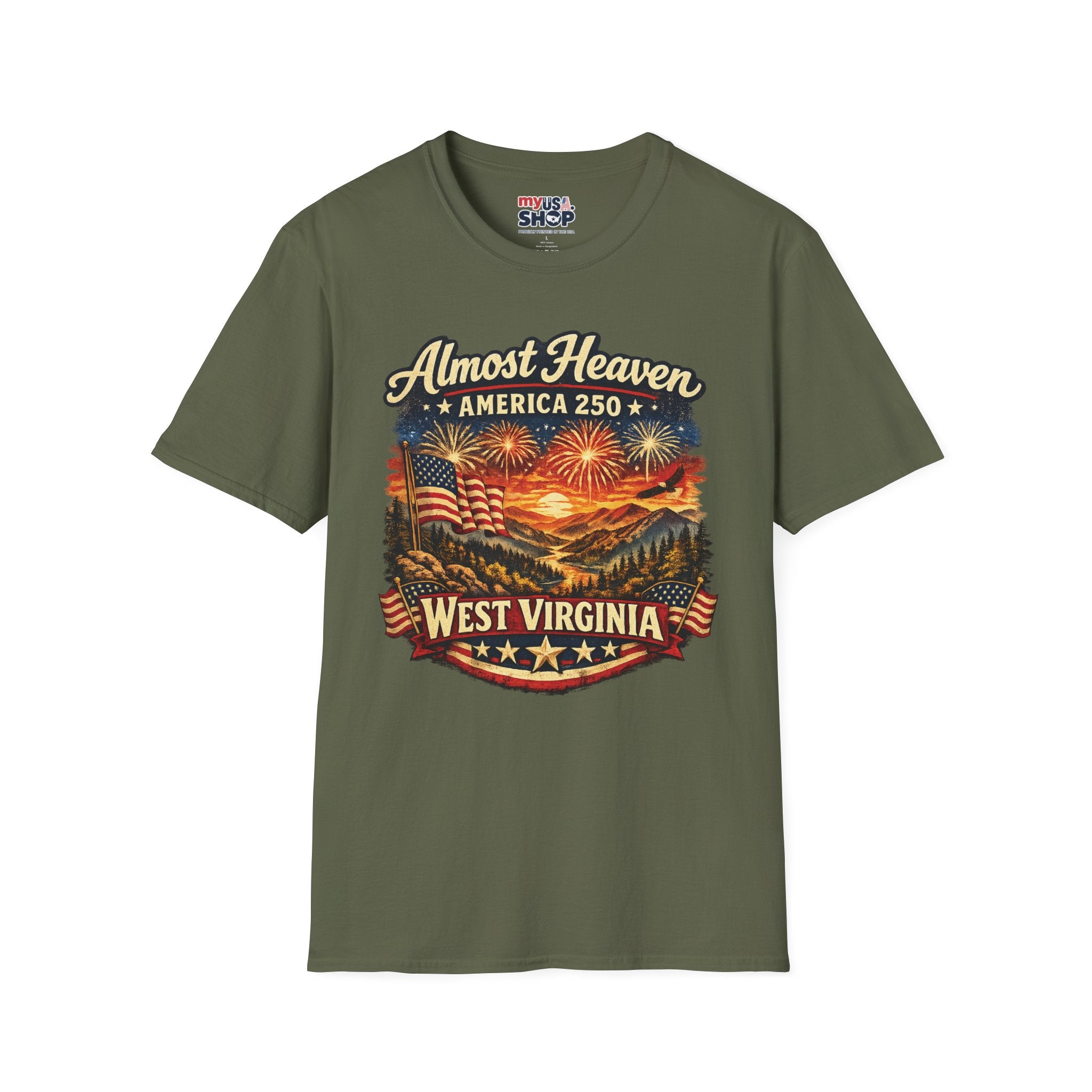 Almost Heaven West Virginia T-Shirt – America 250 Patriotic Fireworks Tee