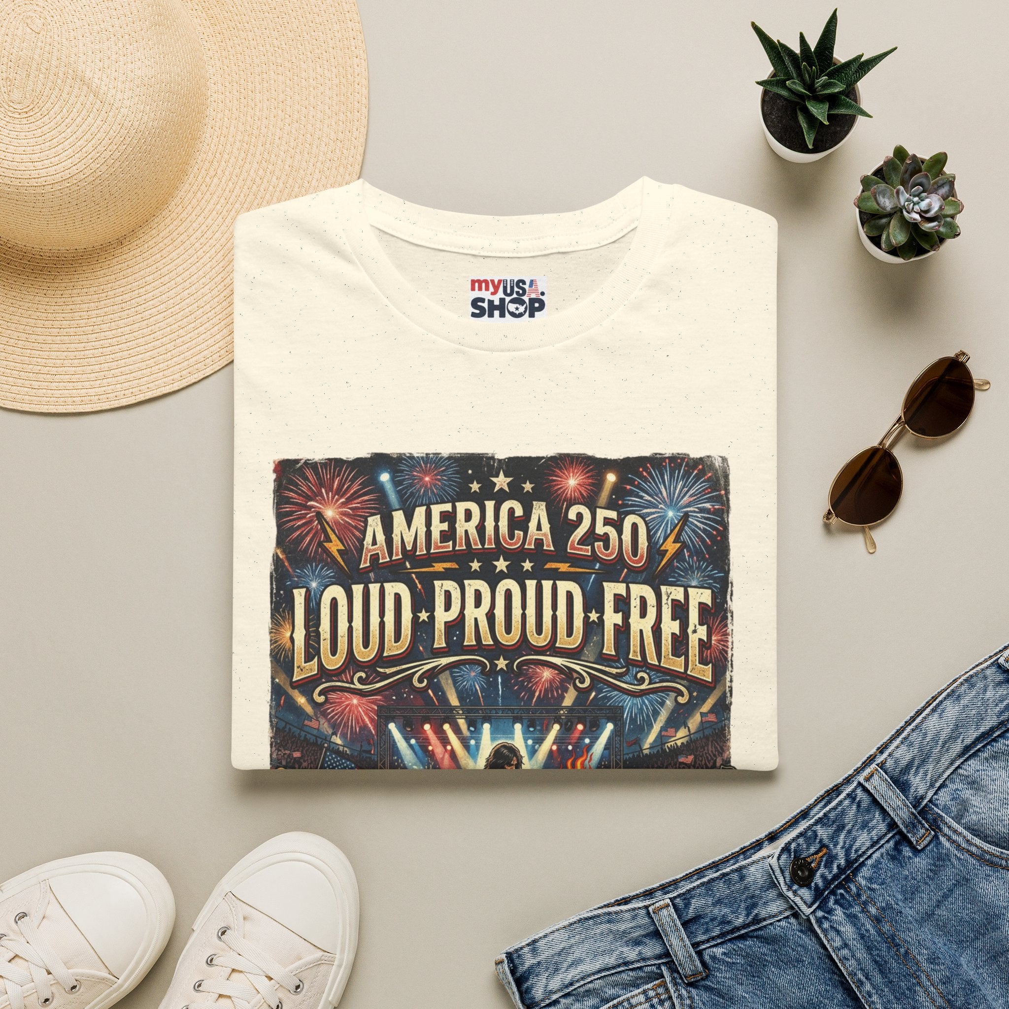 America 250 "Loud Proud Free" T-Shirt — Patriotic Fireworks Concert Tee Pop Culture
