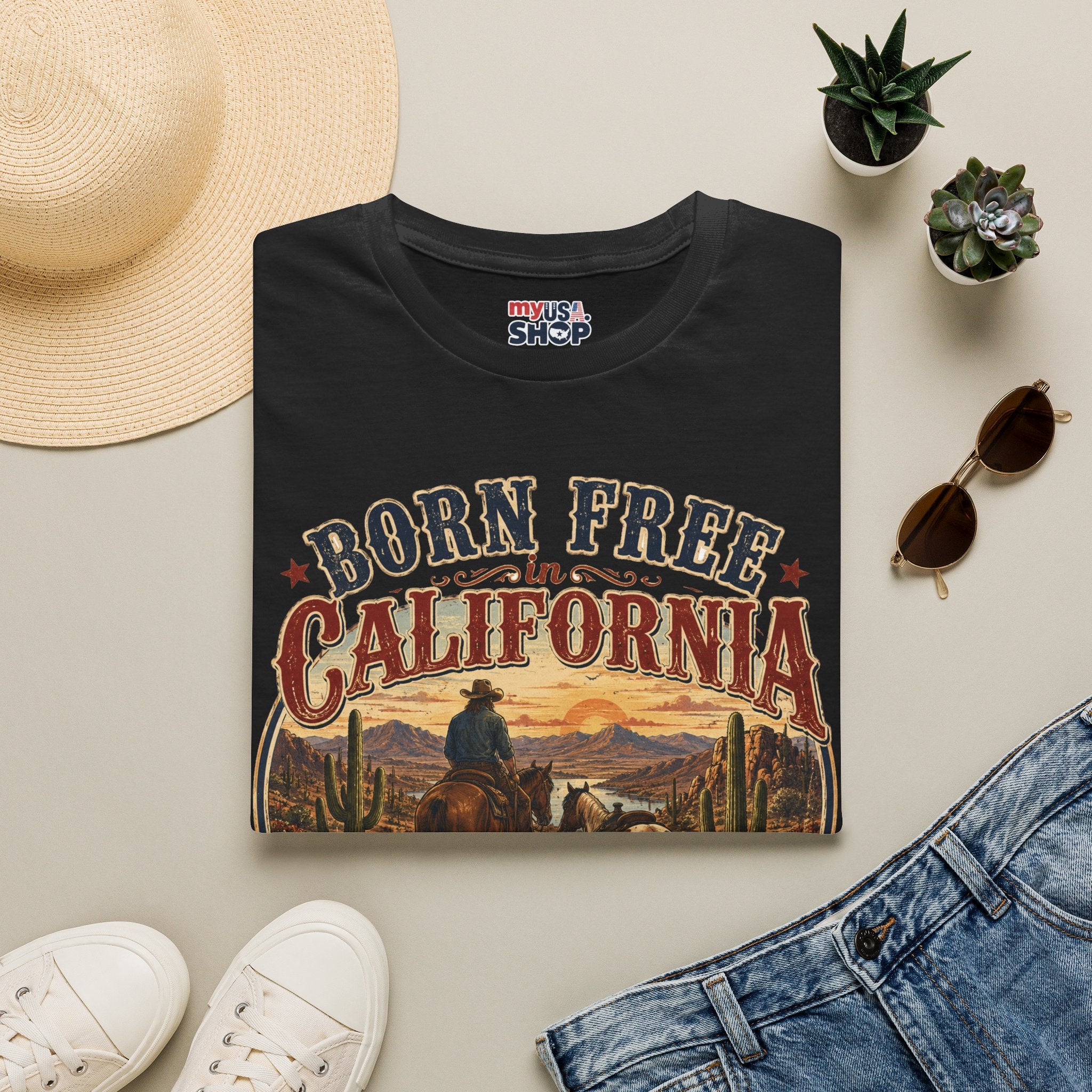 America 250 Born Free in California T-Shirt — Vintage Western Sunset Graphic