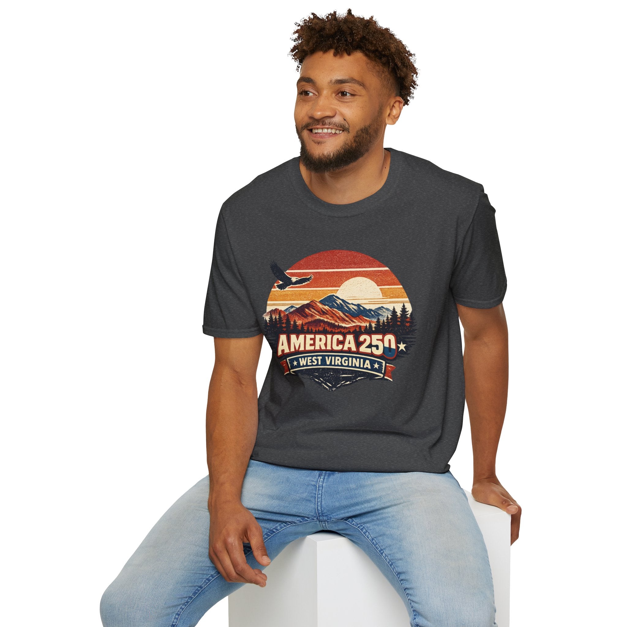 America 250 Retro Sunrise T-Shirt — West Virginia Scenic Eagle Design