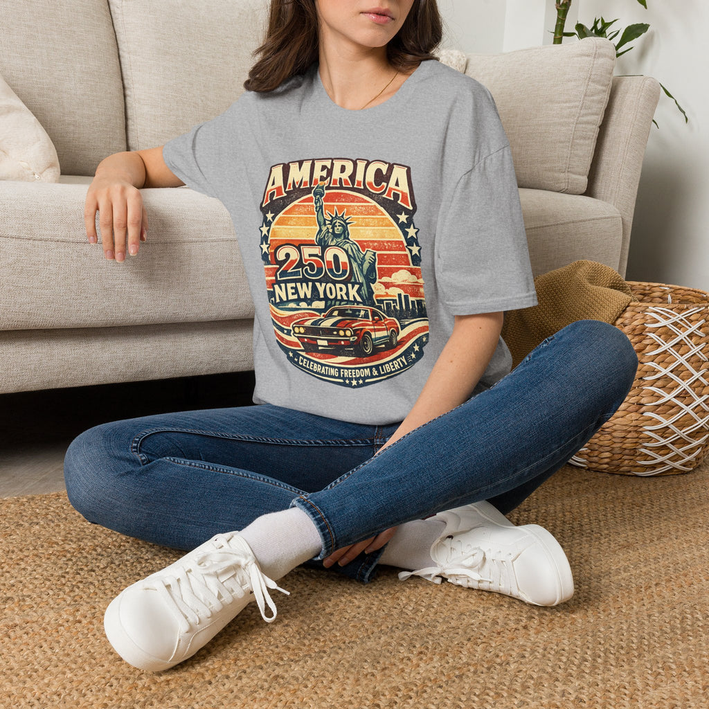 America 250 New York T-Shirt — Retro Statue of Liberty Graphic