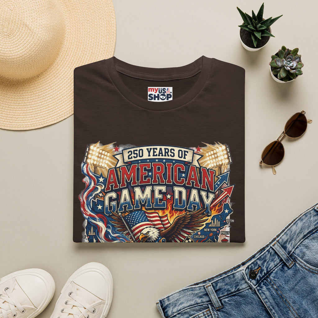 American Game Day T-Shirt — 250 Years USA Football & Baseball Celebration Pop Culture