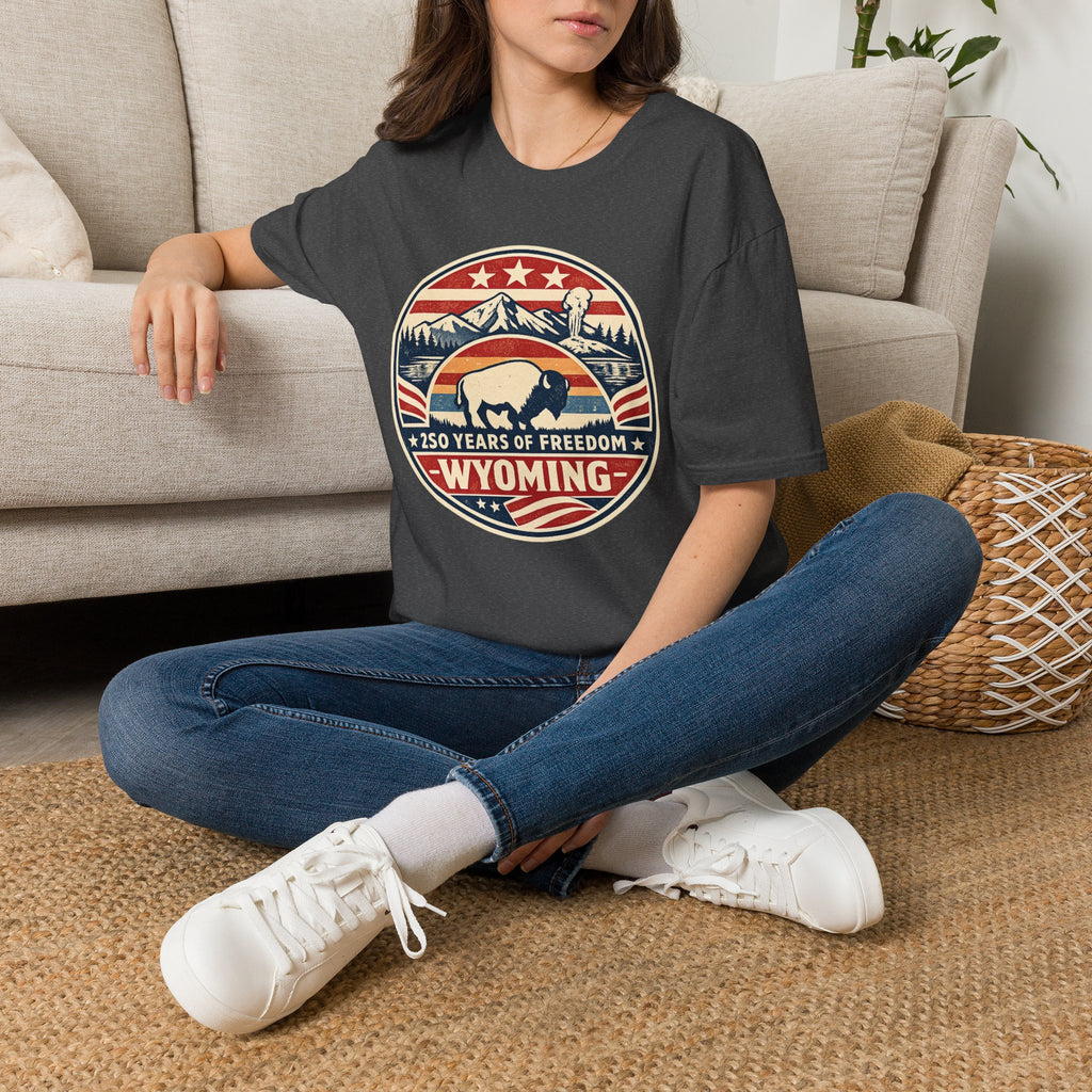 Wyoming Buffalo Tee — America 250 Retro Mountain Graphic T-Shirt