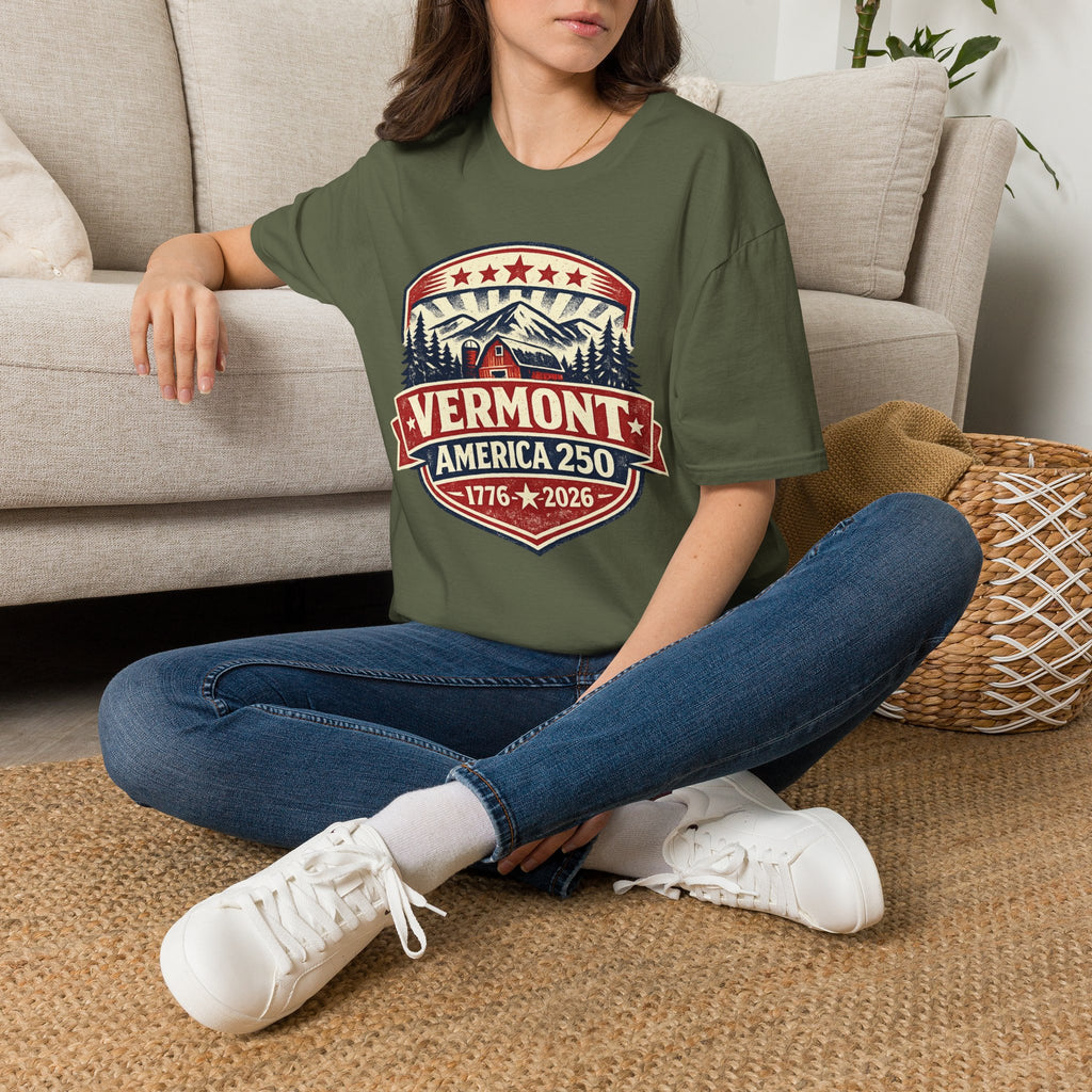 Vermont America 250 T-Shirt — Retro Mountain Cabin Design