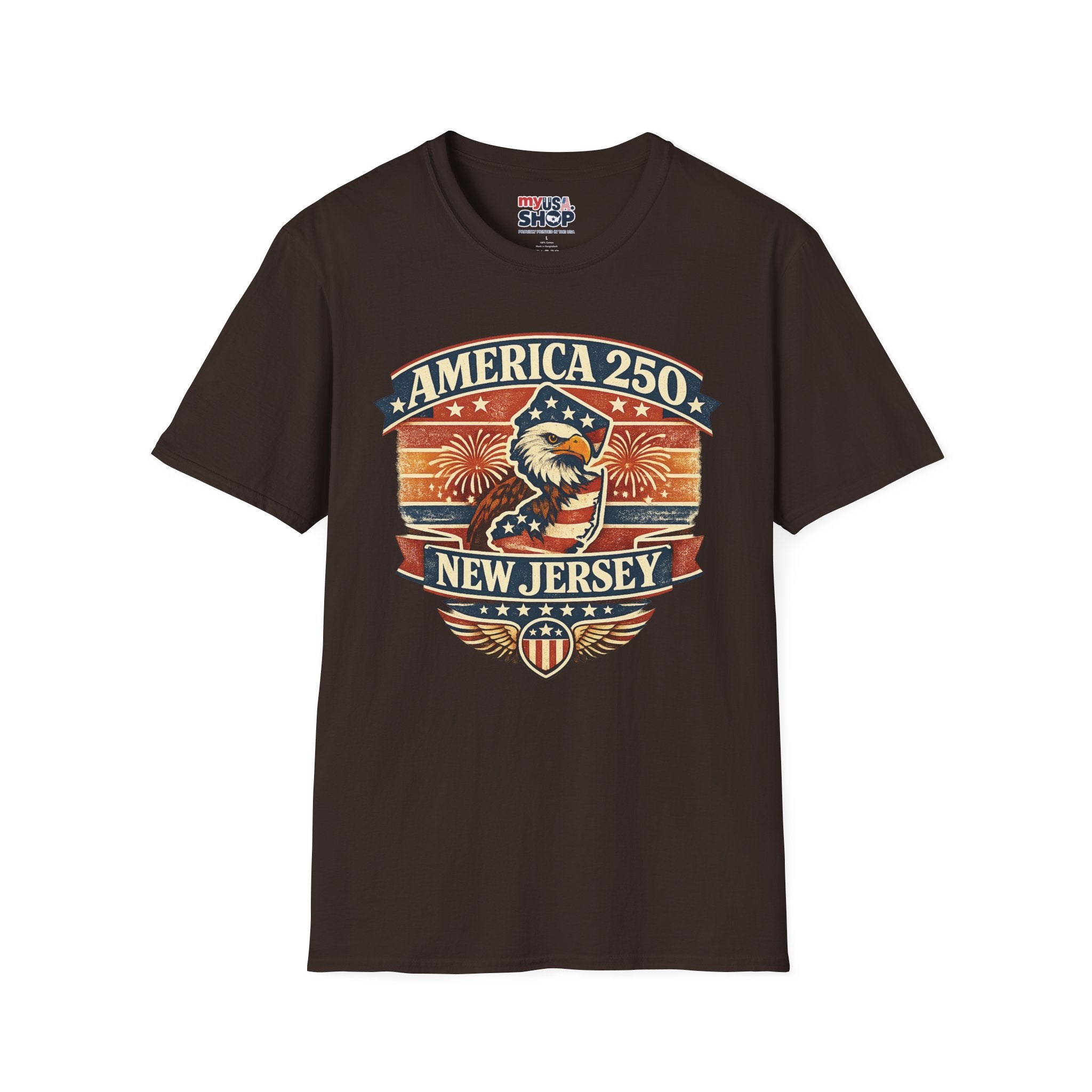 America 250 New Jersey T‑Shirt — Patriotic Bald Eagle & Fireworks Tee