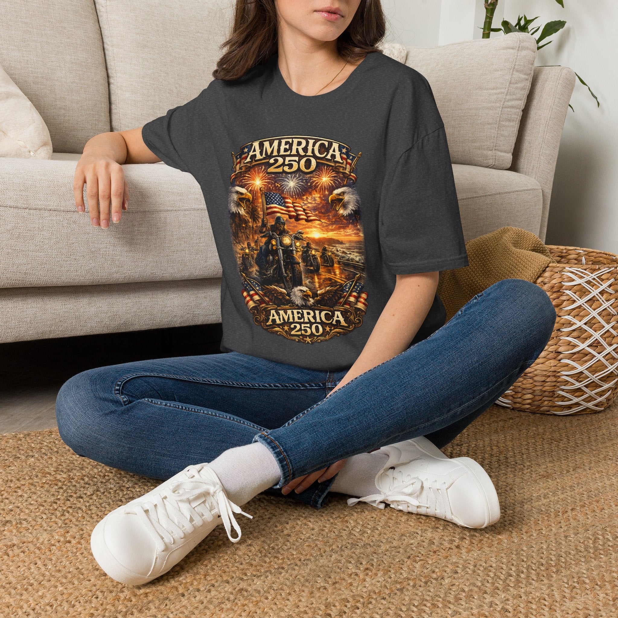 America 250 Celebration T-Shirt — Patriotic Fireworks & Bald Eagle Tee