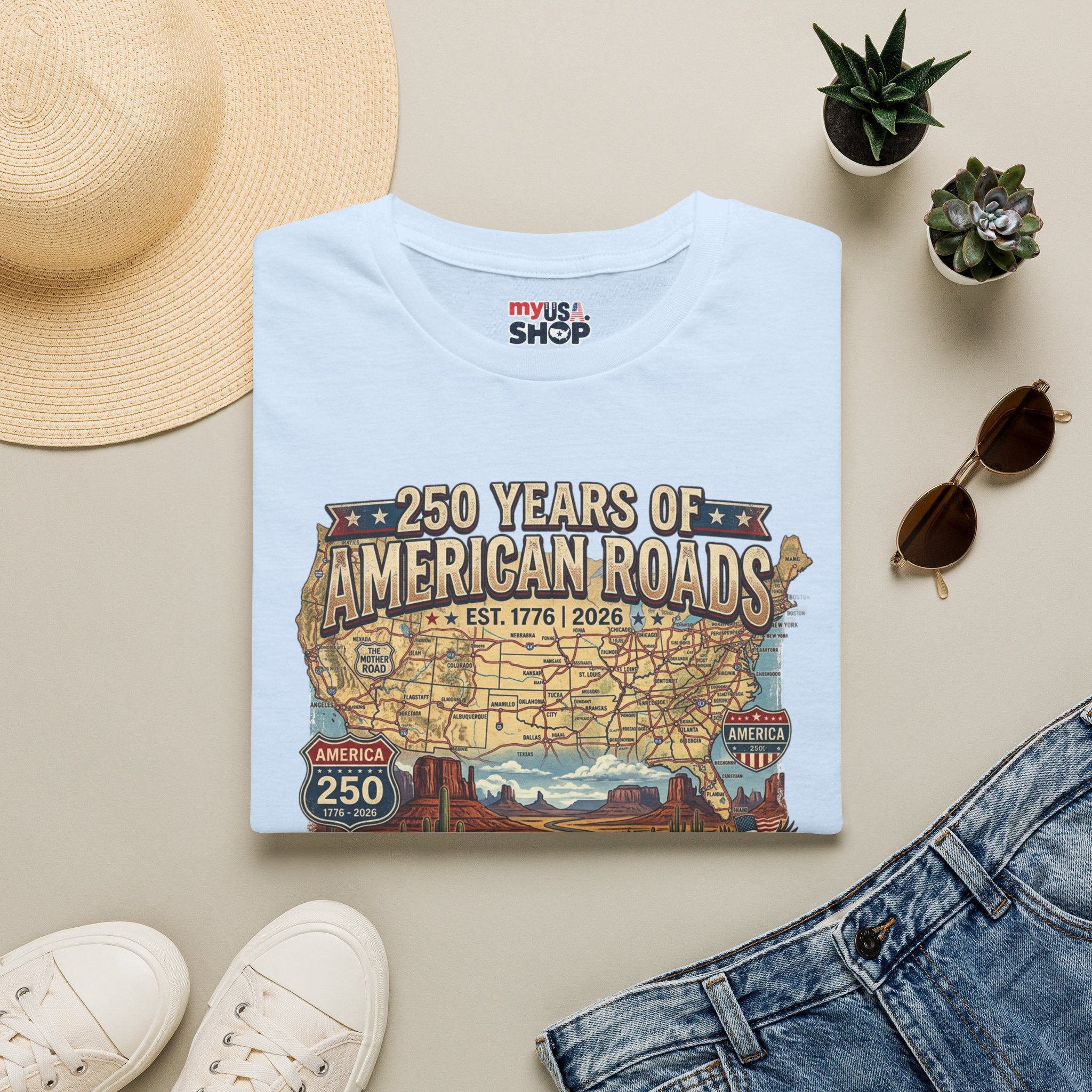 250 Years of American Roads T‑Shirt — Vintage USA Roadmap & Route 66 Travel Tee America 250 Pop Culture
