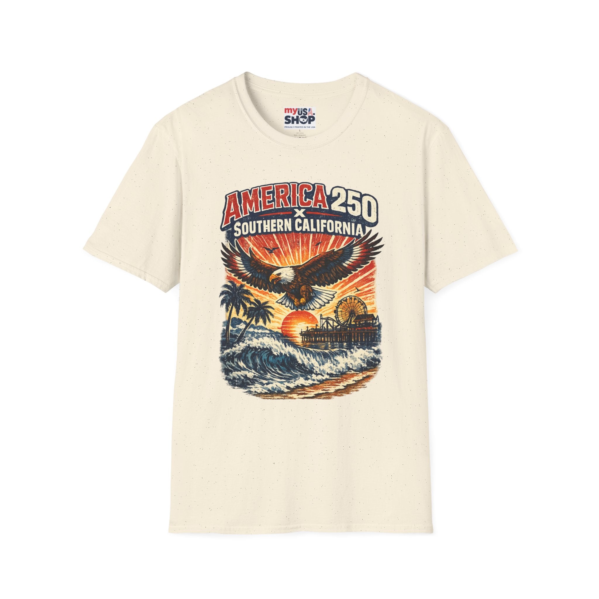 America 250 Southern California Graphic T-Shirt — Eagle, Sunset & Beach Vintage Design