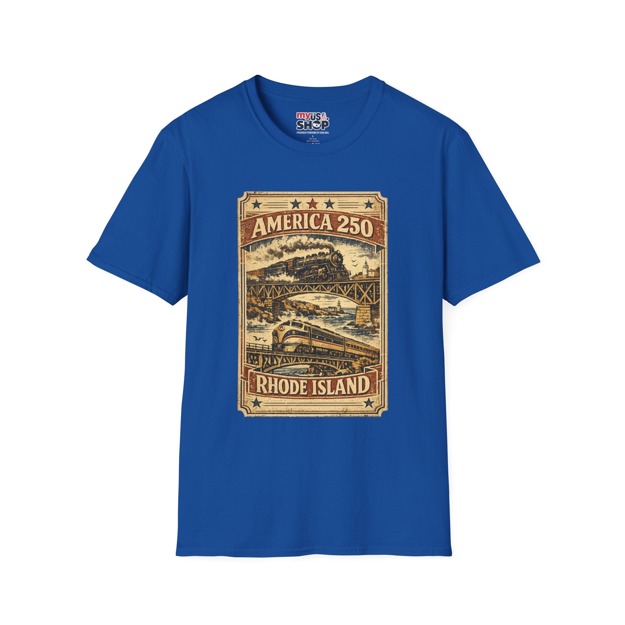 America 250 Rhode Island Train Heritage T-Shirt — Vintage Railroad Graphic Tee