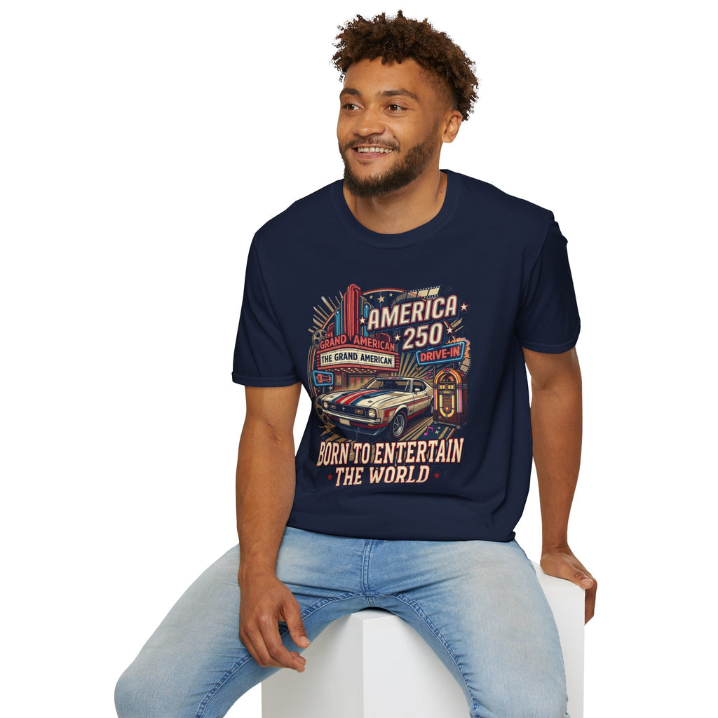 America 250 Vintage Drive-In Car T-Shirt — "Born to Entertain the World" Pop Culture