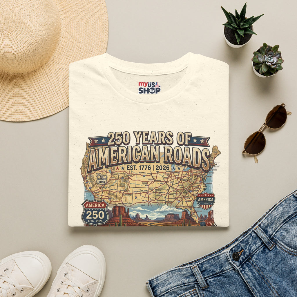 250 Years of American Roads T‑Shirt — Vintage USA Roadmap & Route 66 Travel Tee America 250 Pop Culture