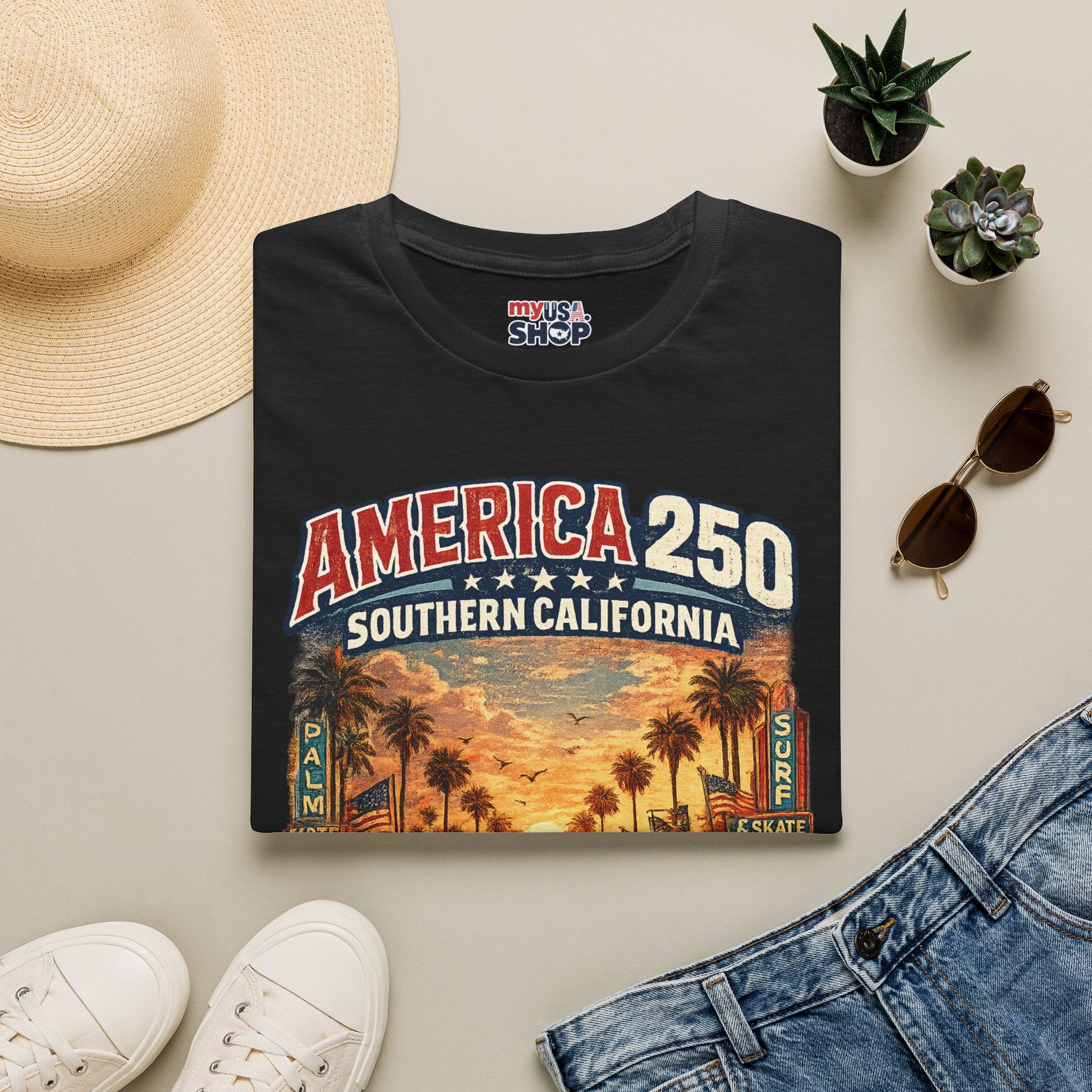 America 250 Southern California Sunset T‑Shirt — Retro Route 66 Palm Tree Tee