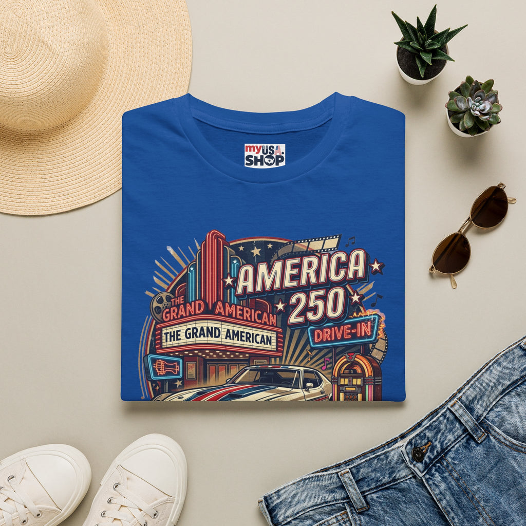 America 250 Vintage Drive-In Car T-Shirt — "Born to Entertain the World" Pop Culture