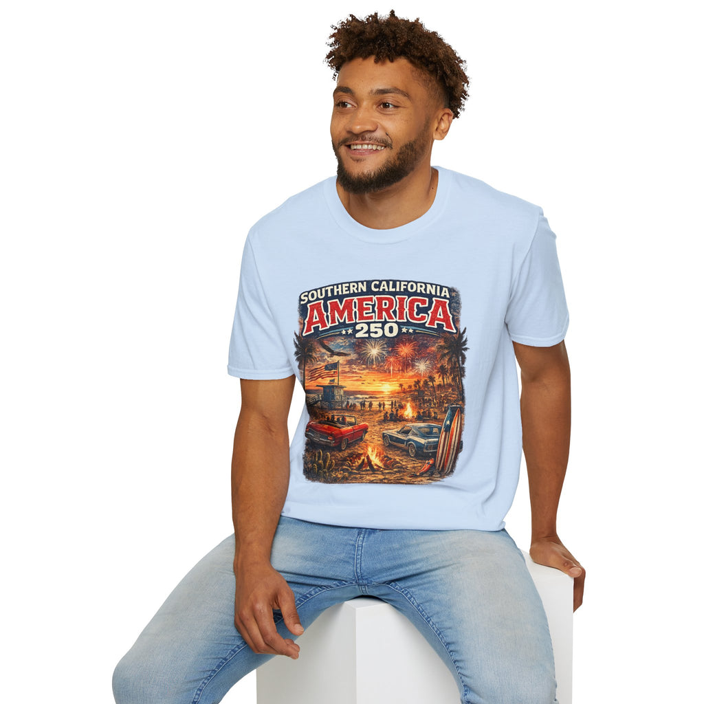 America 250 Southern California Sunset T-Shirt — Patriotic 4th of July Beach Vintage Tee
