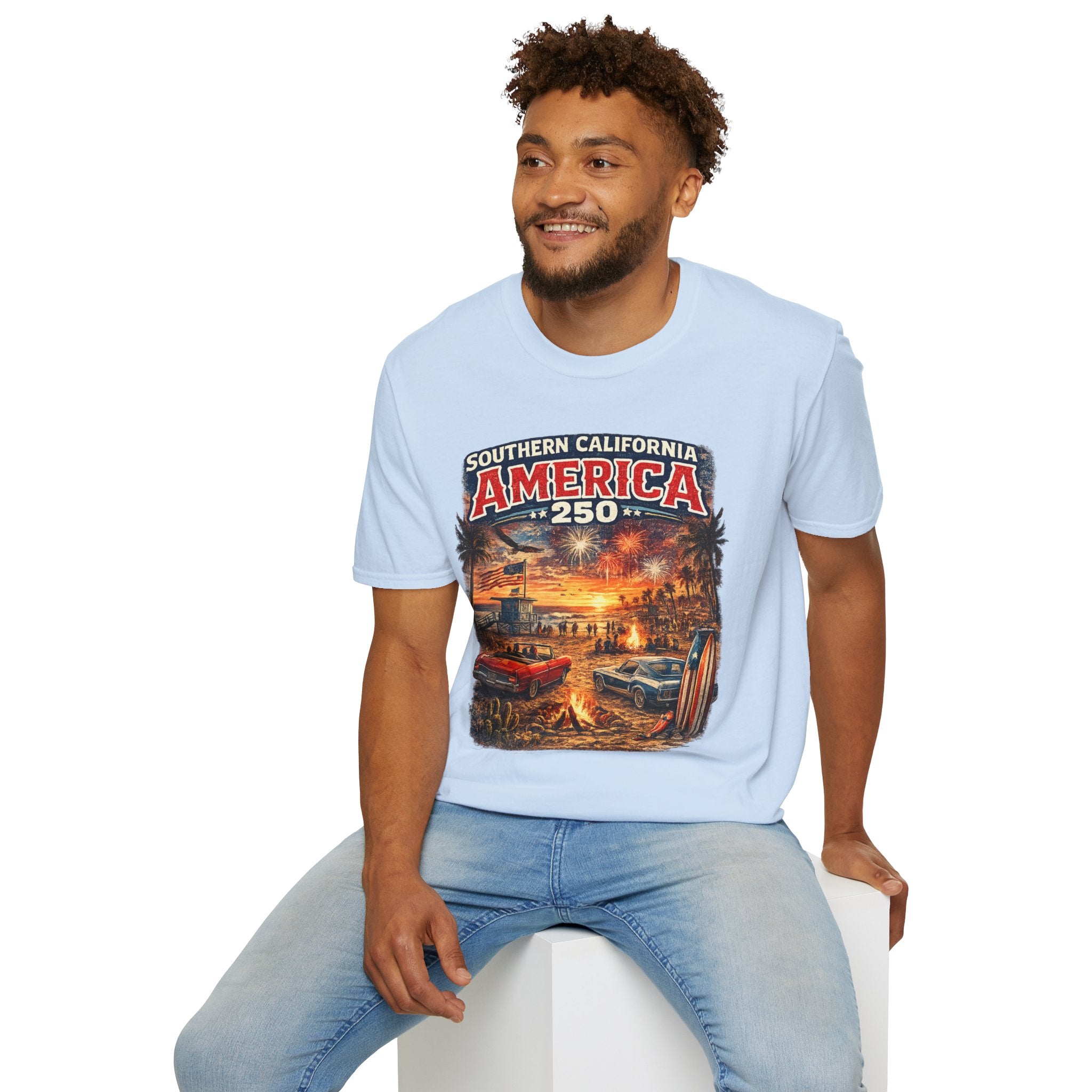 America 250 Southern California Sunset T-Shirt — Patriotic 4th of July Beach Vintage Tee