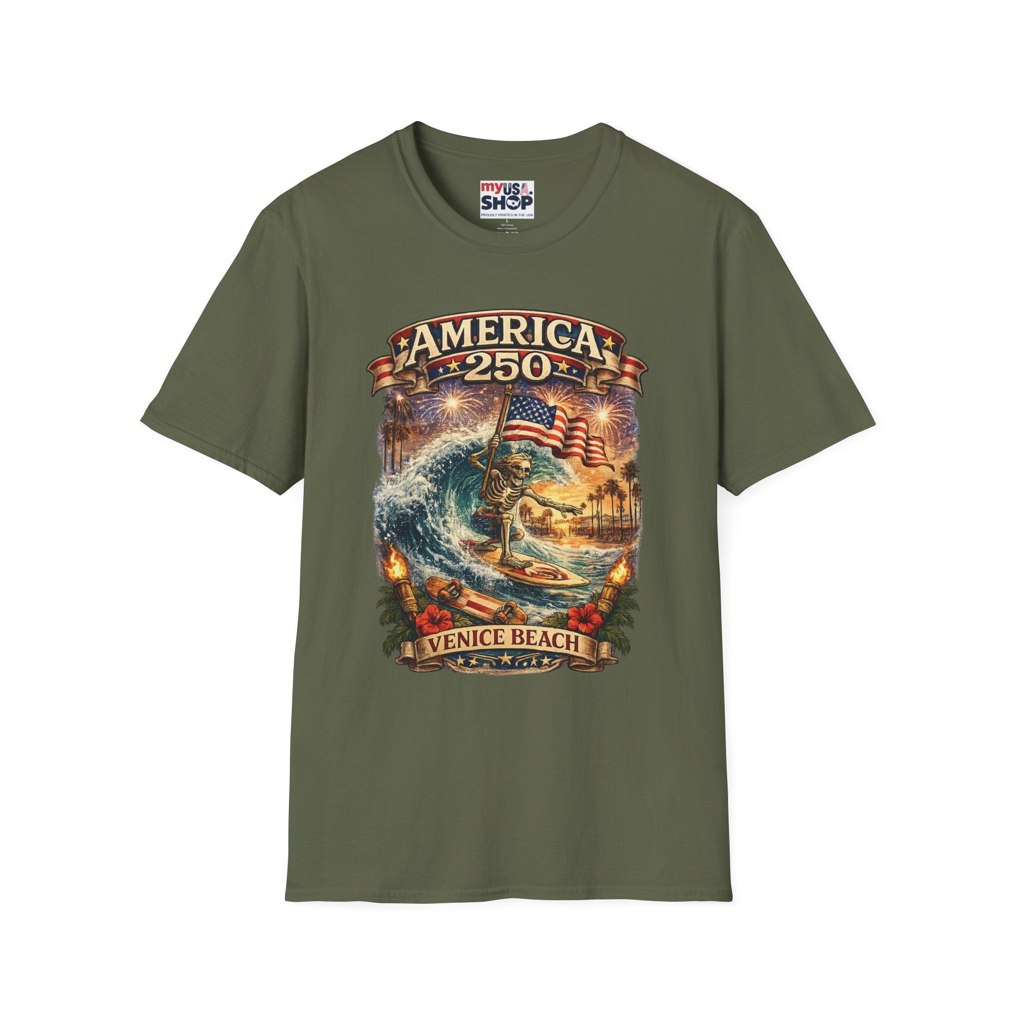 America 250 Venice Beach T-Shirt — Patriotic Vintage Surf & Fireworks Tee